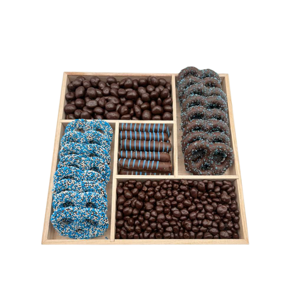 Assorted Chocolates On 5 Section Wood Board - Blue