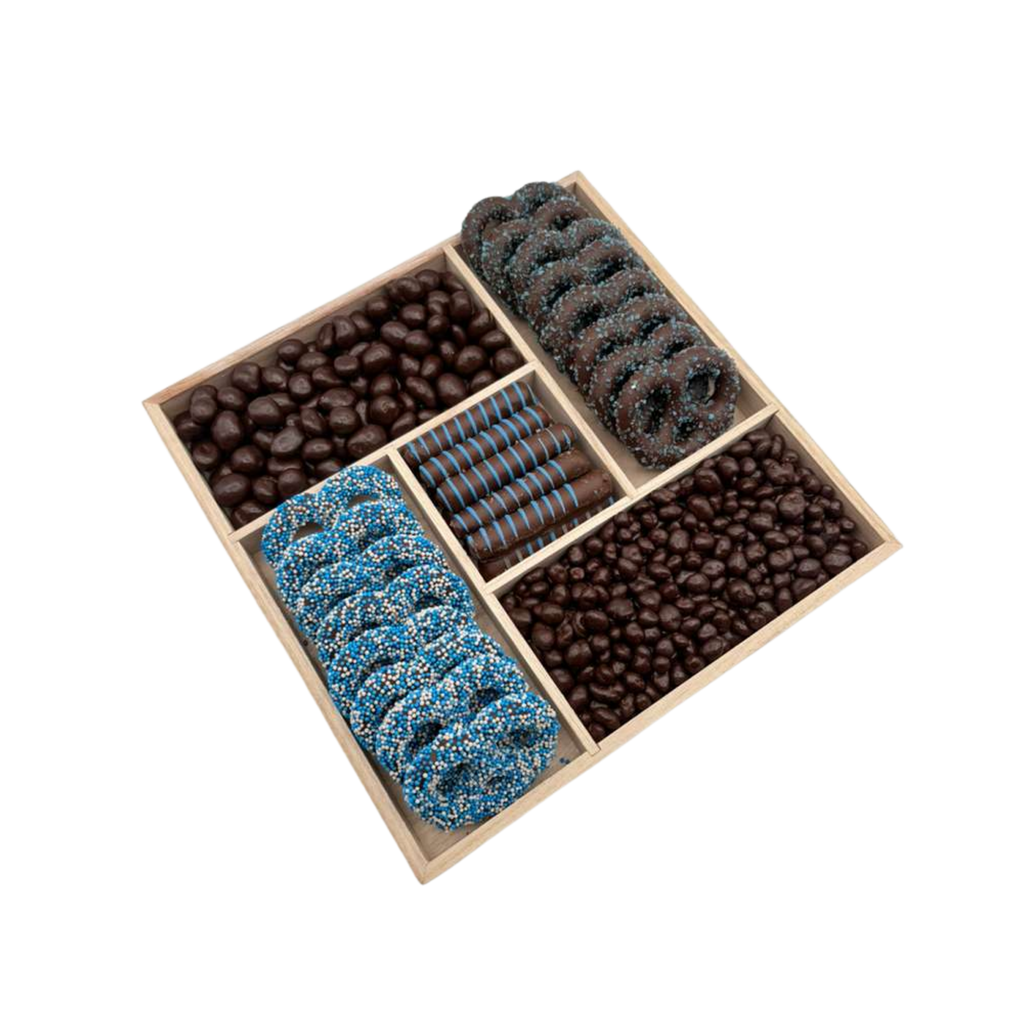 Assorted Chocolates On 5 Section Wood Board - Blue