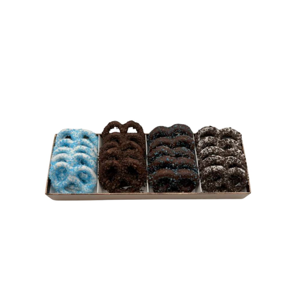 Chocolate Covered Pretzels In 4 Section Tray – Blue