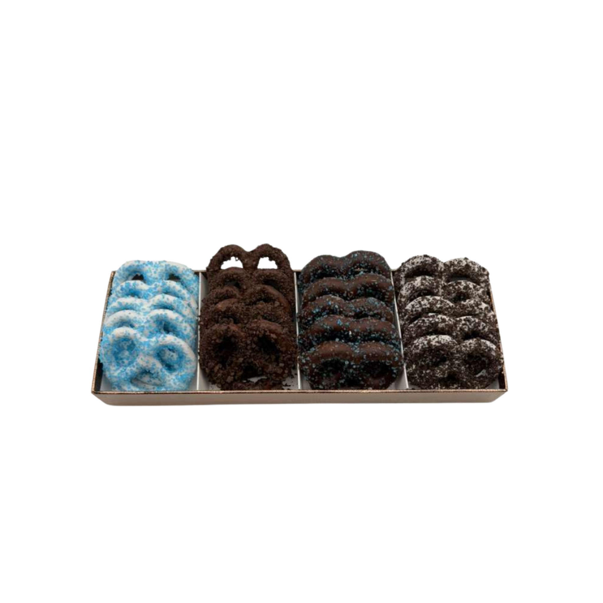 Chocolate Covered Pretzels In 4 Section Tray – Blue