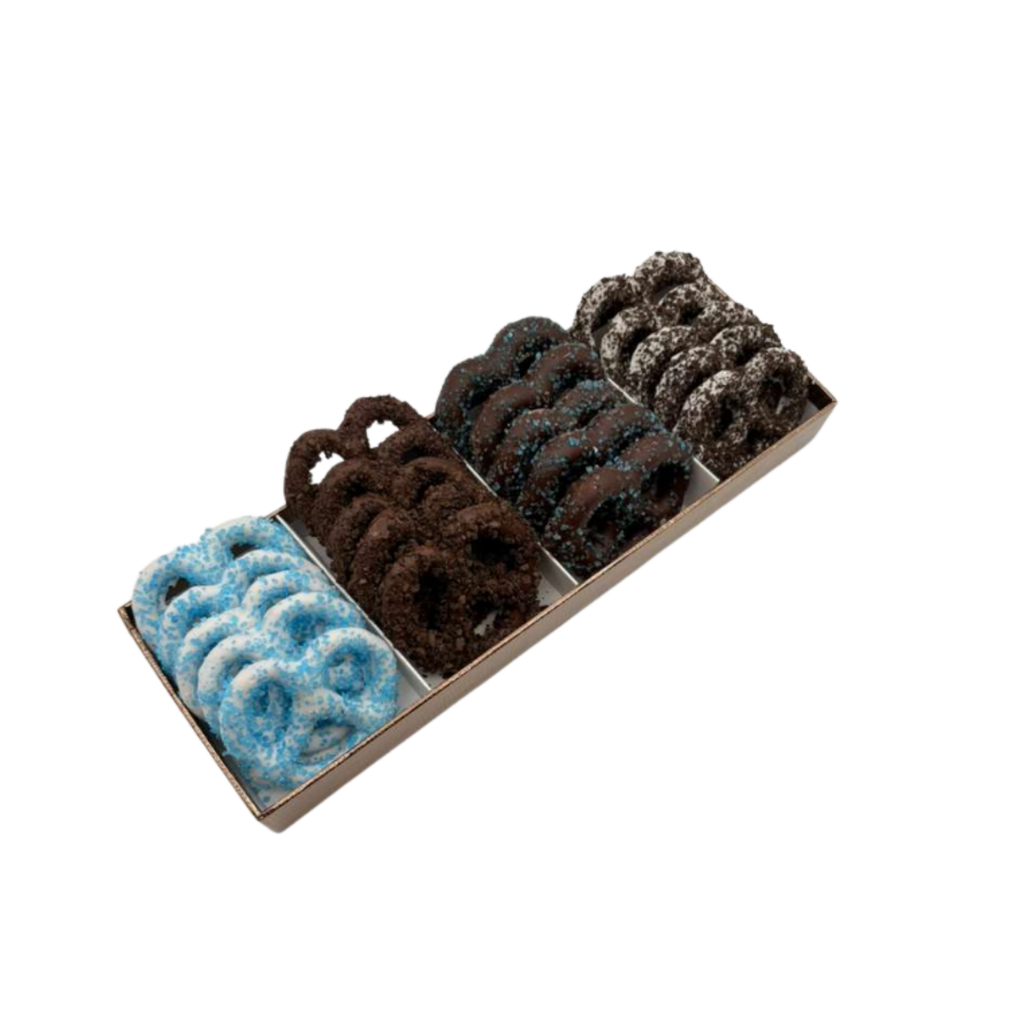 Chocolate Covered Pretzels In 4 Section Tray – Blue
