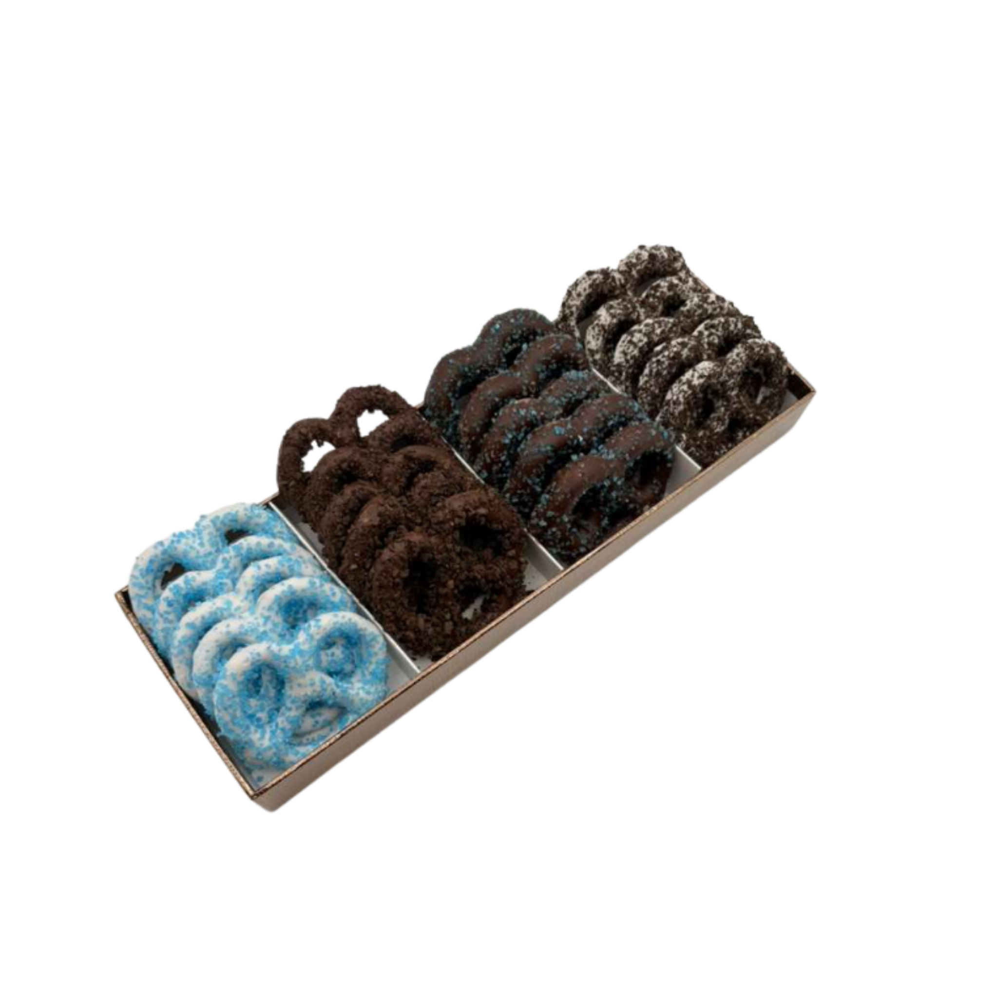 Chocolate Covered Pretzels In 4 Section Tray – Blue