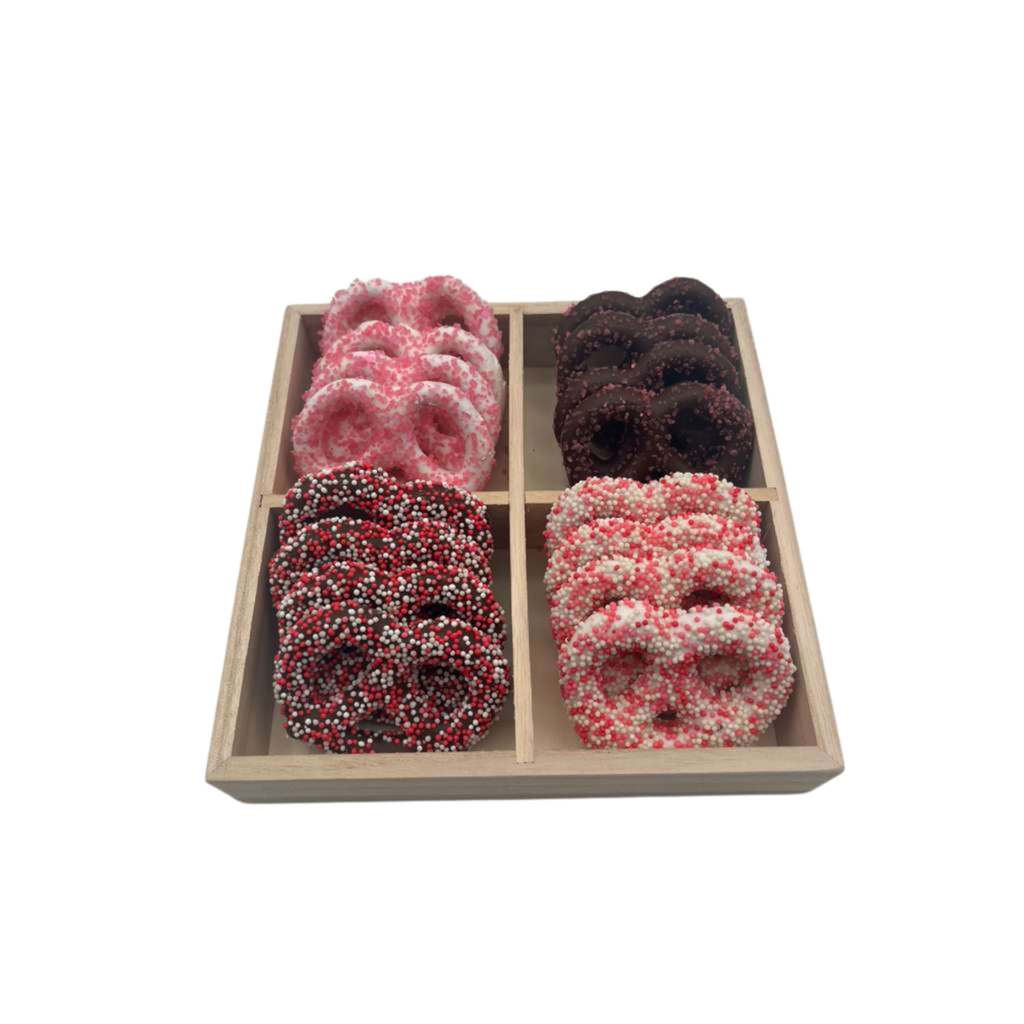 Chocolate Covered Pretzels In 4 Section Wood Tray - Pink