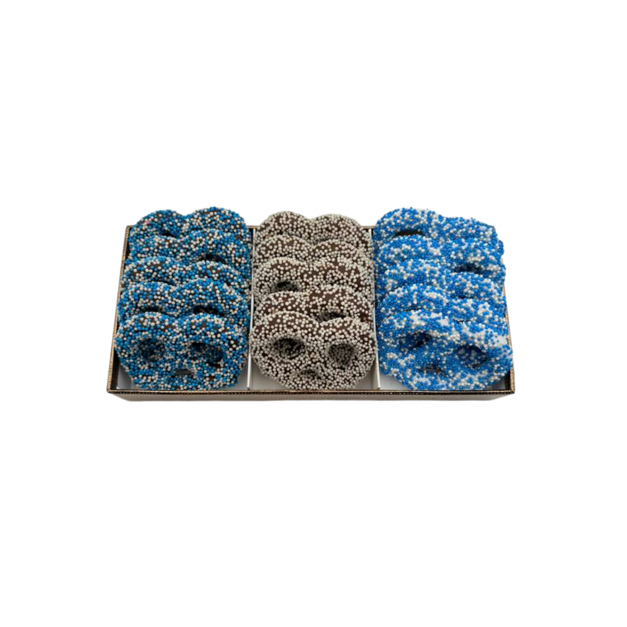 Chocolate Covered Pretzels With Chocolate In 3 Section Tray – Blue