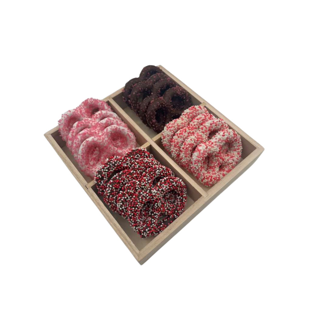 Chocolate Covered Pretzels In 4 Section Wood Tray - Pink