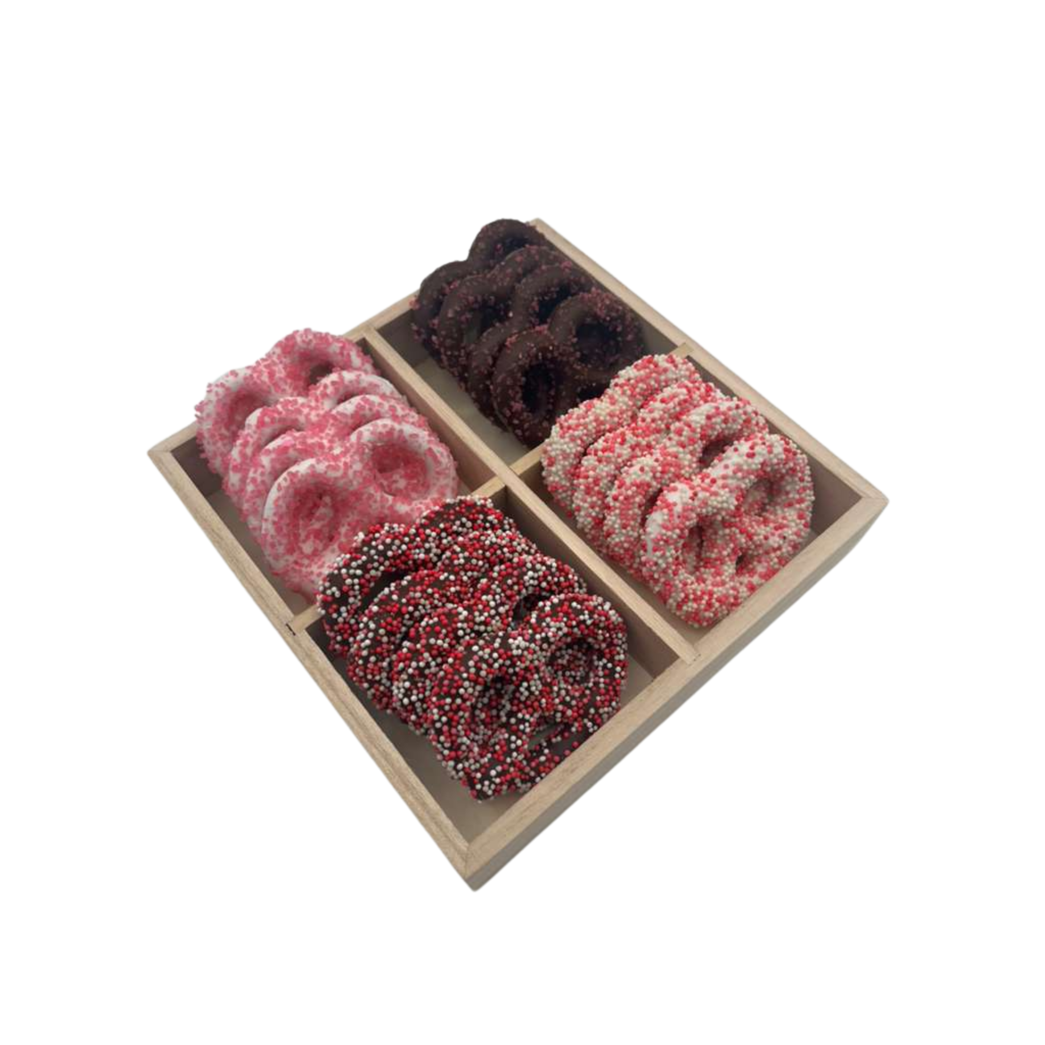 Chocolate Covered Pretzels In 4 Section Wood Tray - Pink