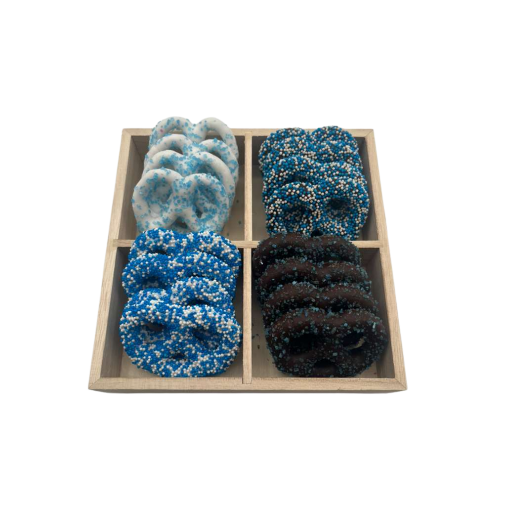 Chocolate Covered Pretzels In 4 Section Wood Tray - Blue