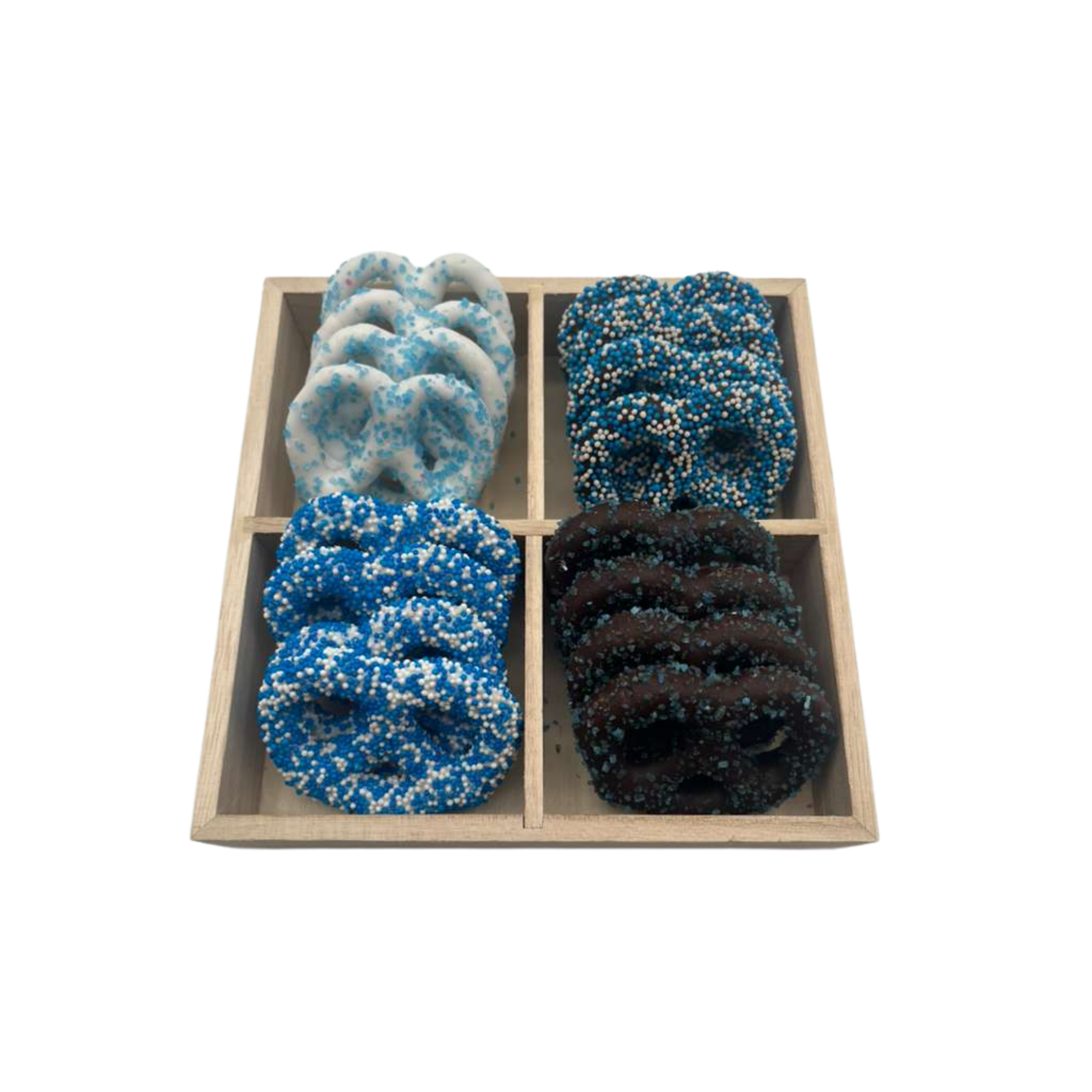 Chocolate Covered Pretzels In 4 Section Wood Tray - Blue