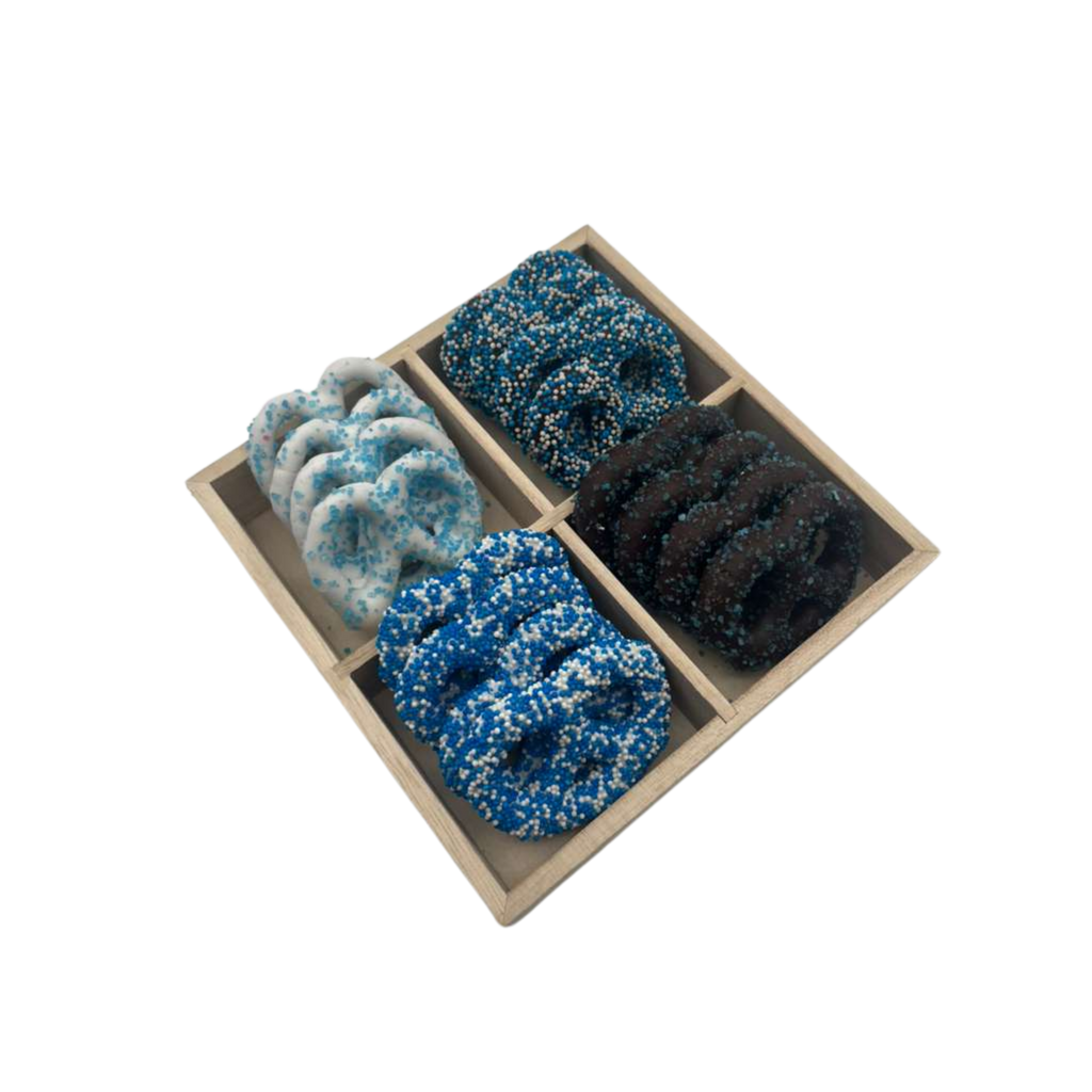 Chocolate Covered Pretzels In 4 Section Wood Tray - Blue
