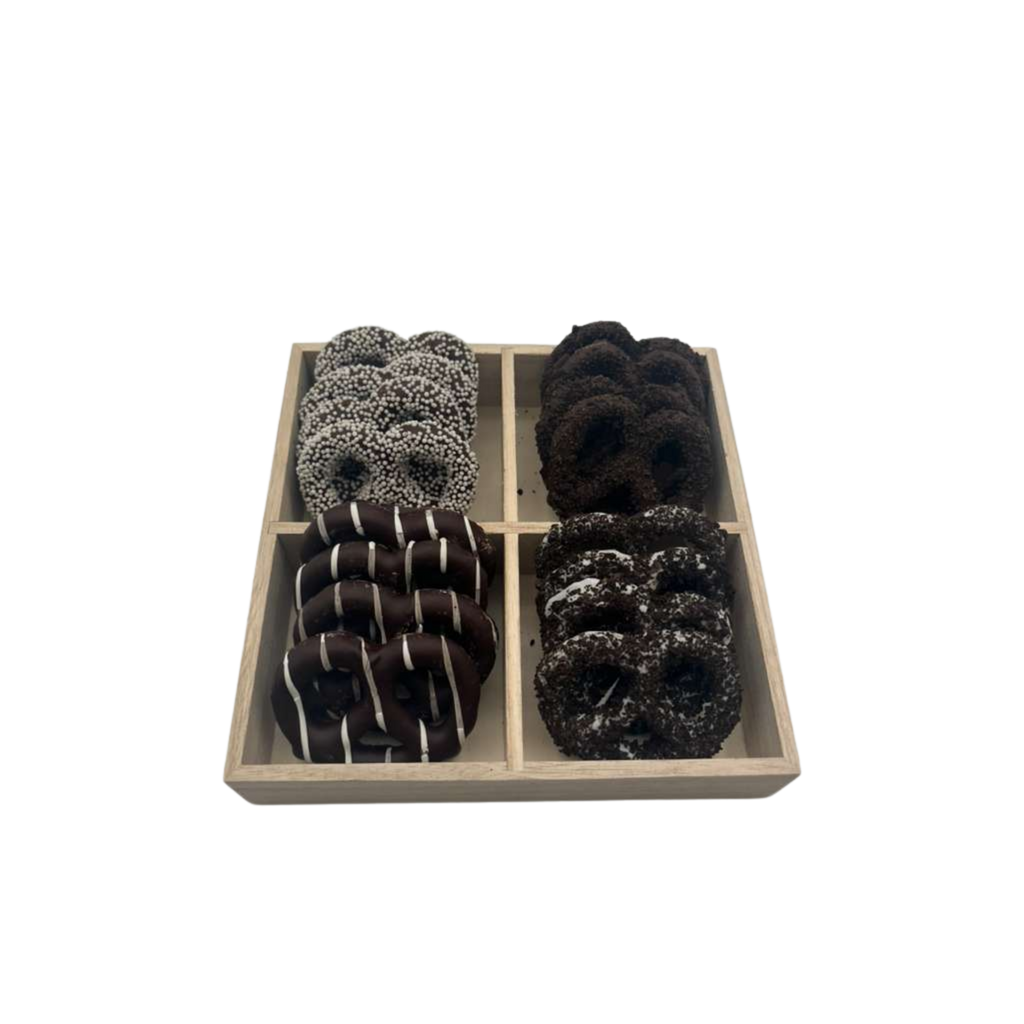 Chocolate Covered Pretzels In 4 Section Wood Tray - Standard