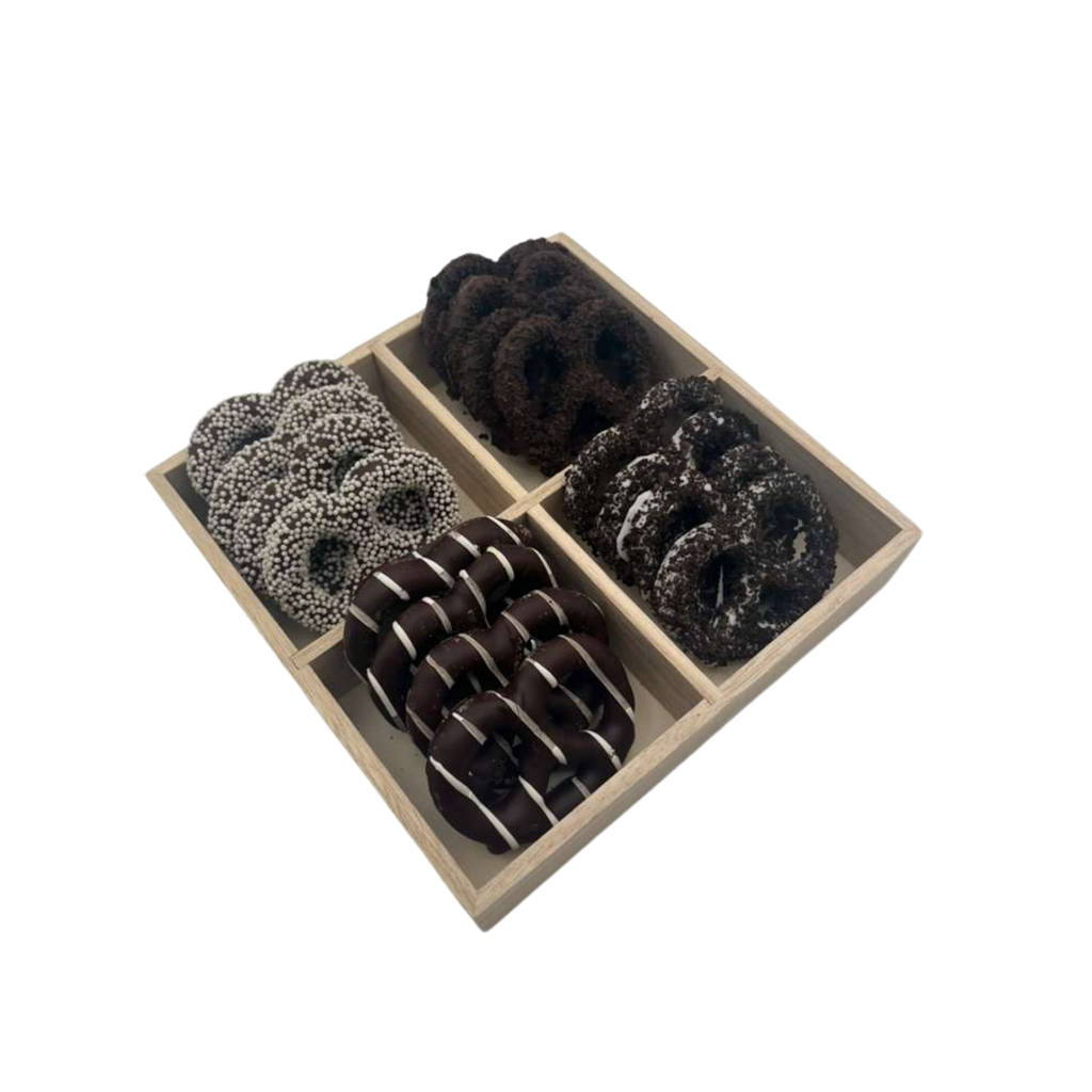 Chocolate Covered Pretzels In 4 Section Wood Tray - Standard