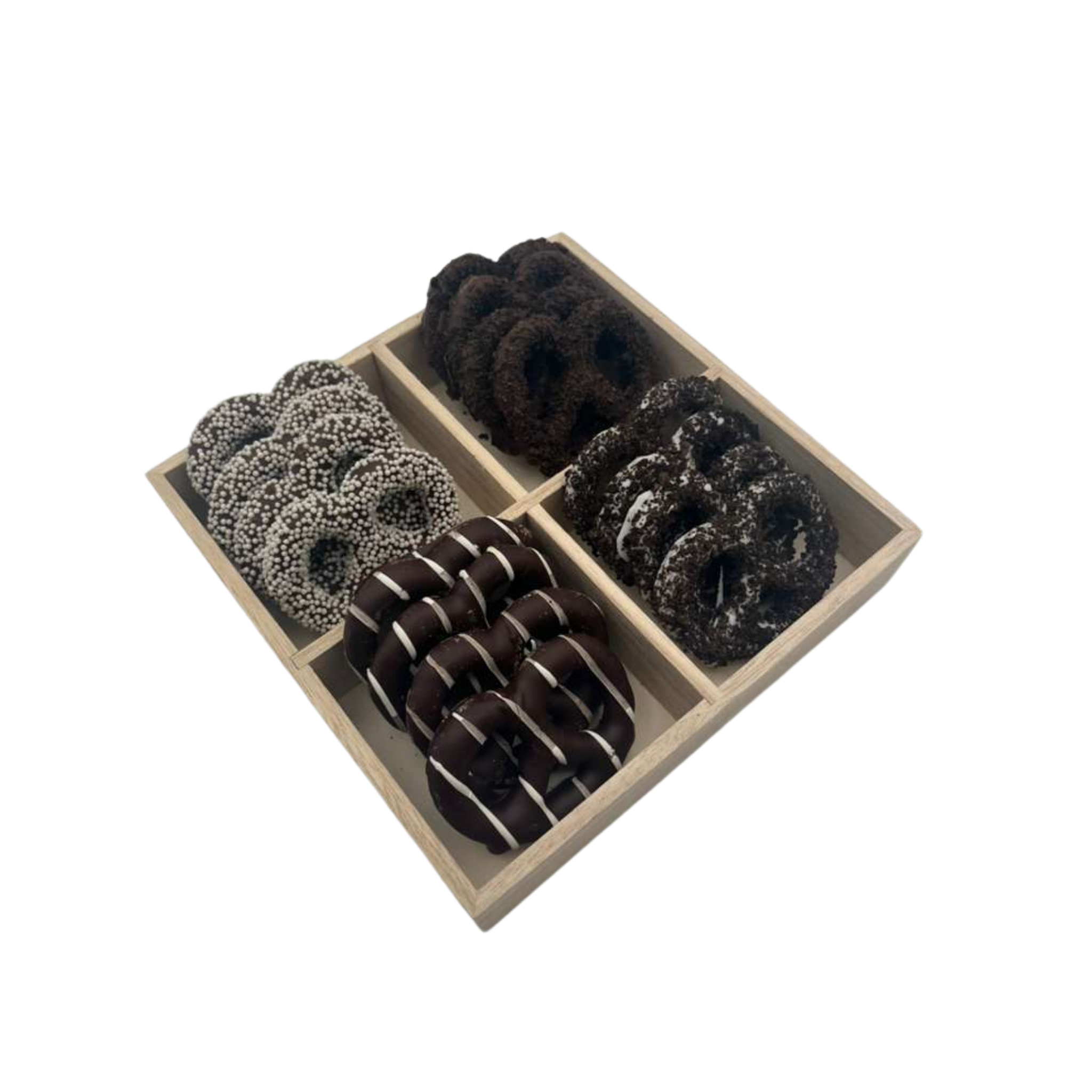 Chocolate Covered Pretzels In 4 Section Wood Tray - Standard
