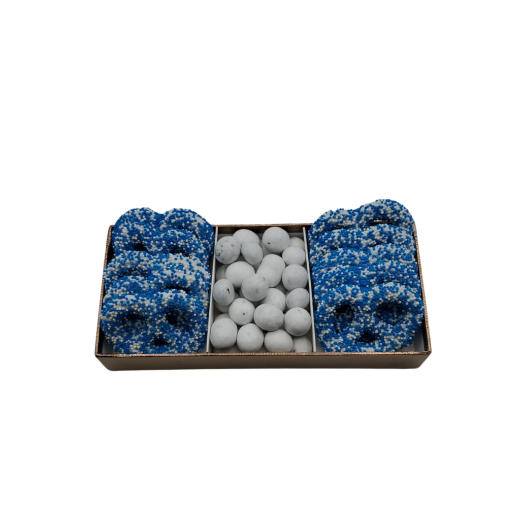 Chocolate Covered Pretzels With Chocolate In 3 Section Tray - Blue