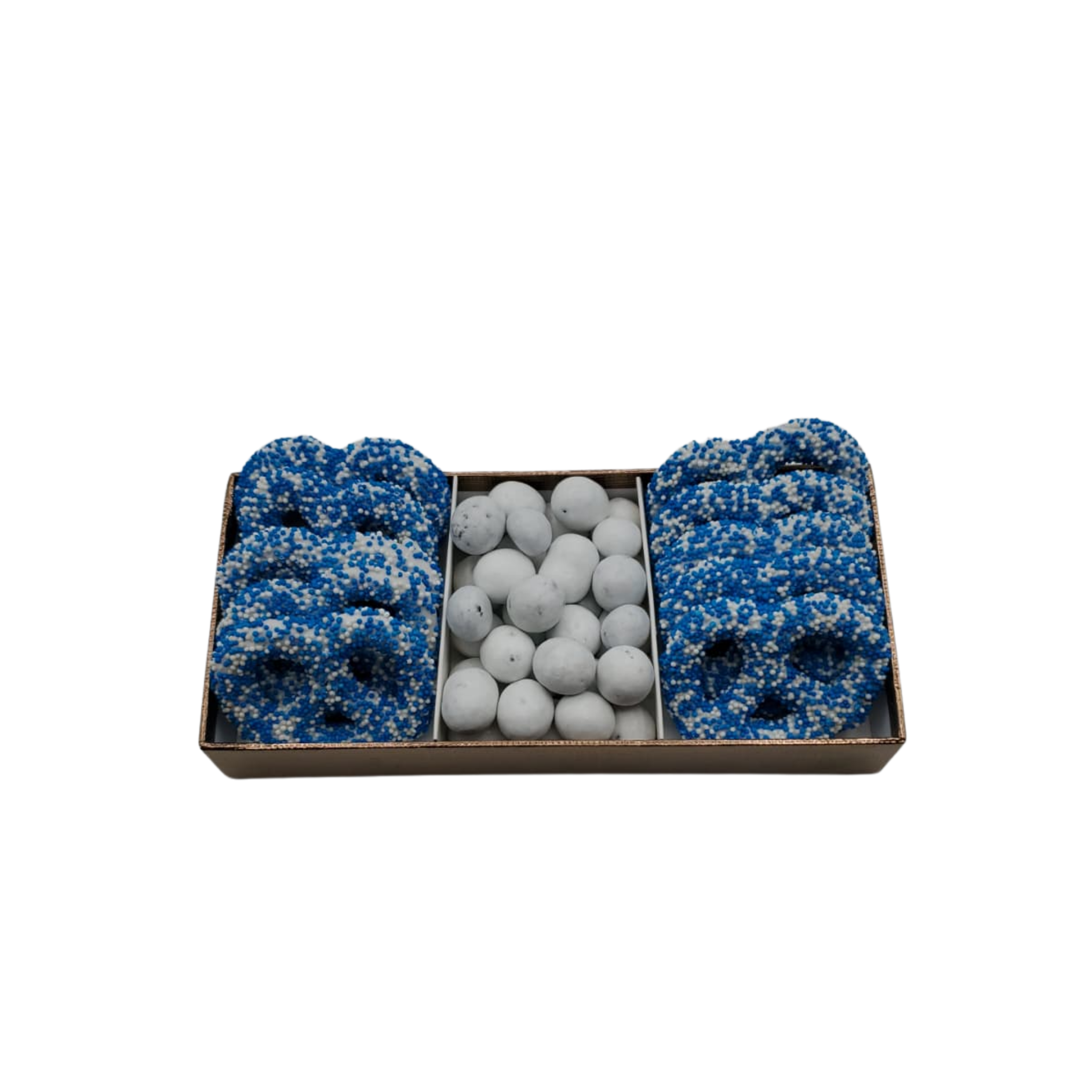Chocolate Covered Pretzels With Chocolate In 3 Section Tray - Blue