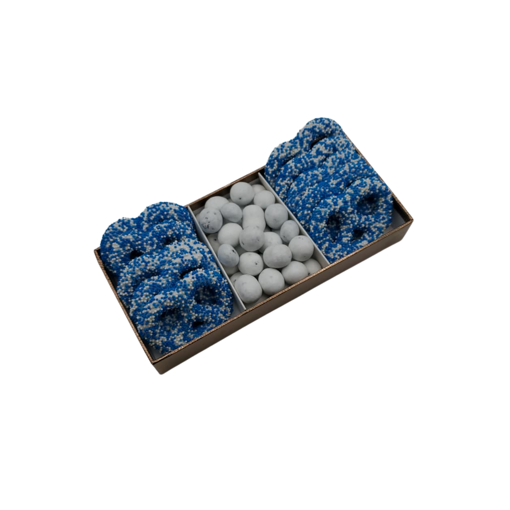 Chocolate Covered Pretzels With Chocolate In 3 Section Tray - Blue