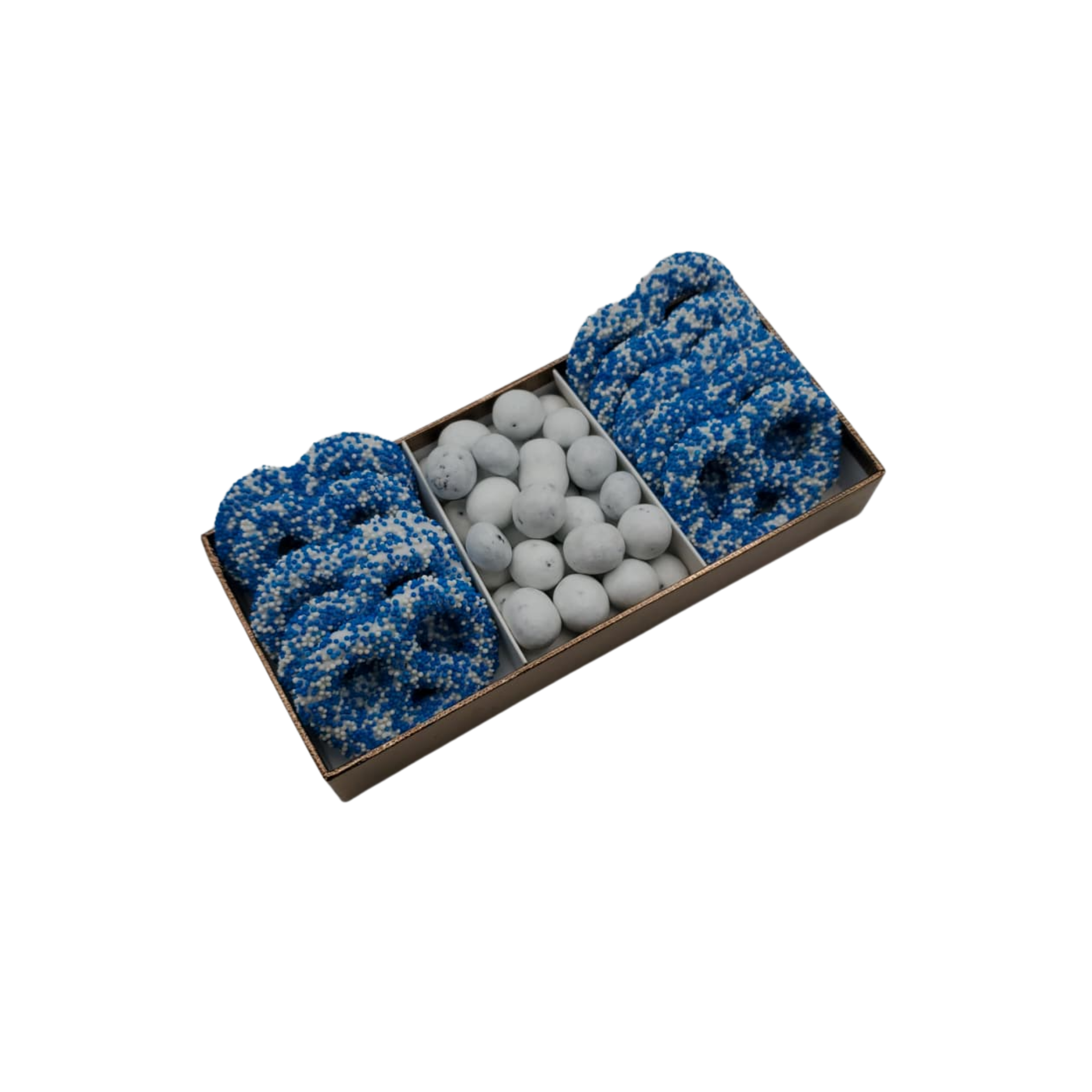 Chocolate Covered Pretzels With Chocolate In 3 Section Tray - Blue