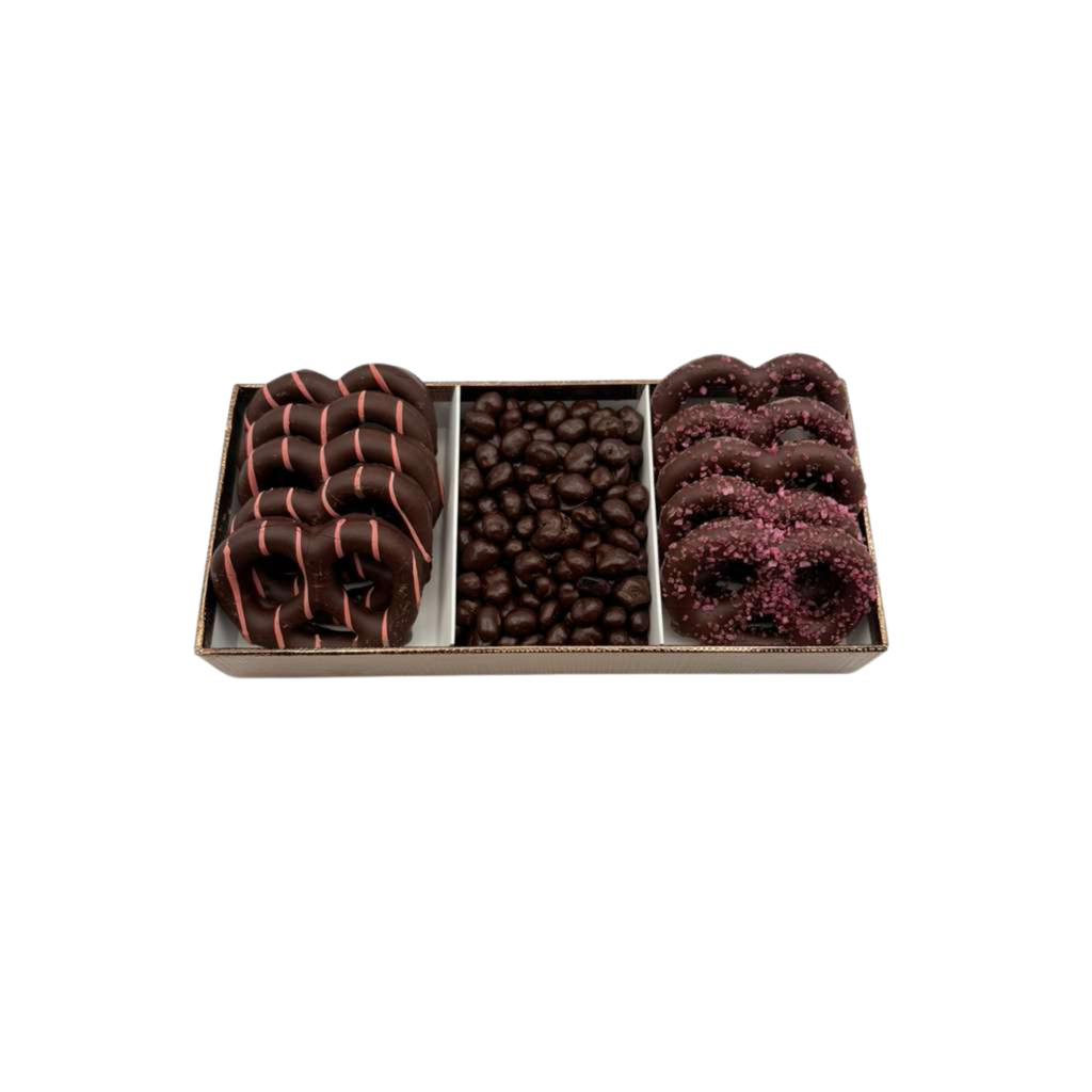 Chocolate Covered Pretzels With Chocolate In 3 Section Tray – Pink