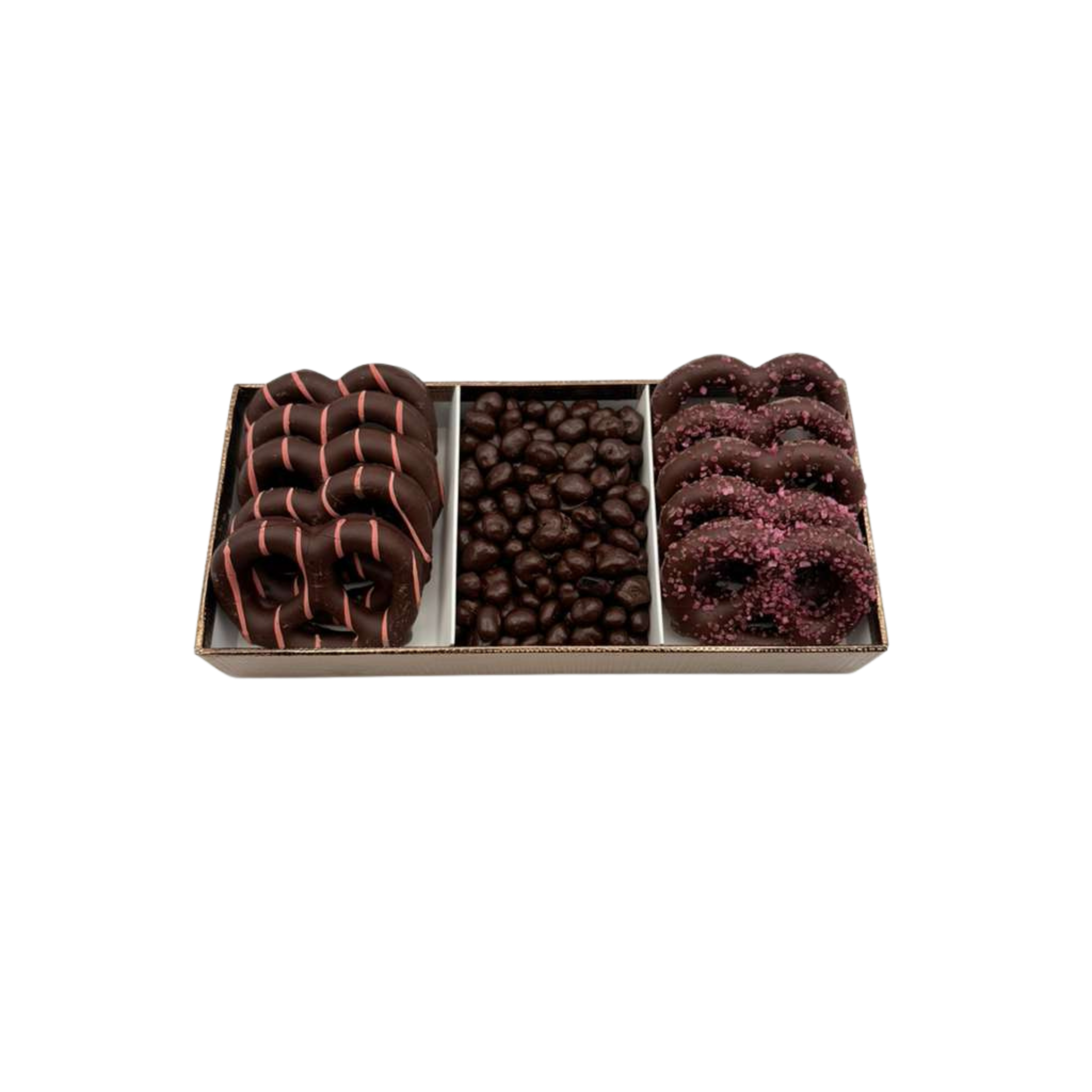 Chocolate Covered Pretzels With Chocolate In 3 Section Tray – Pink