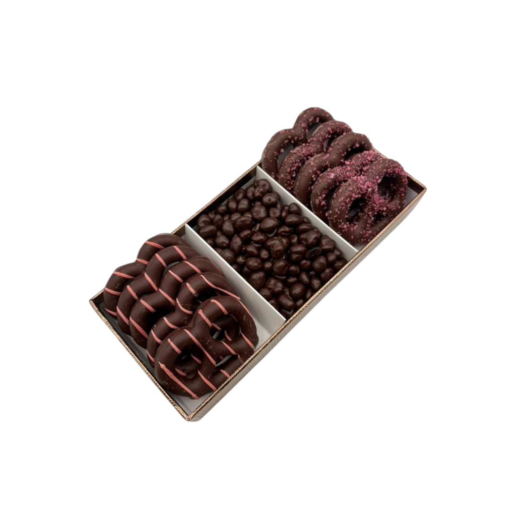 Chocolate Covered Pretzels With Chocolate In 3 Section Tray – Pink