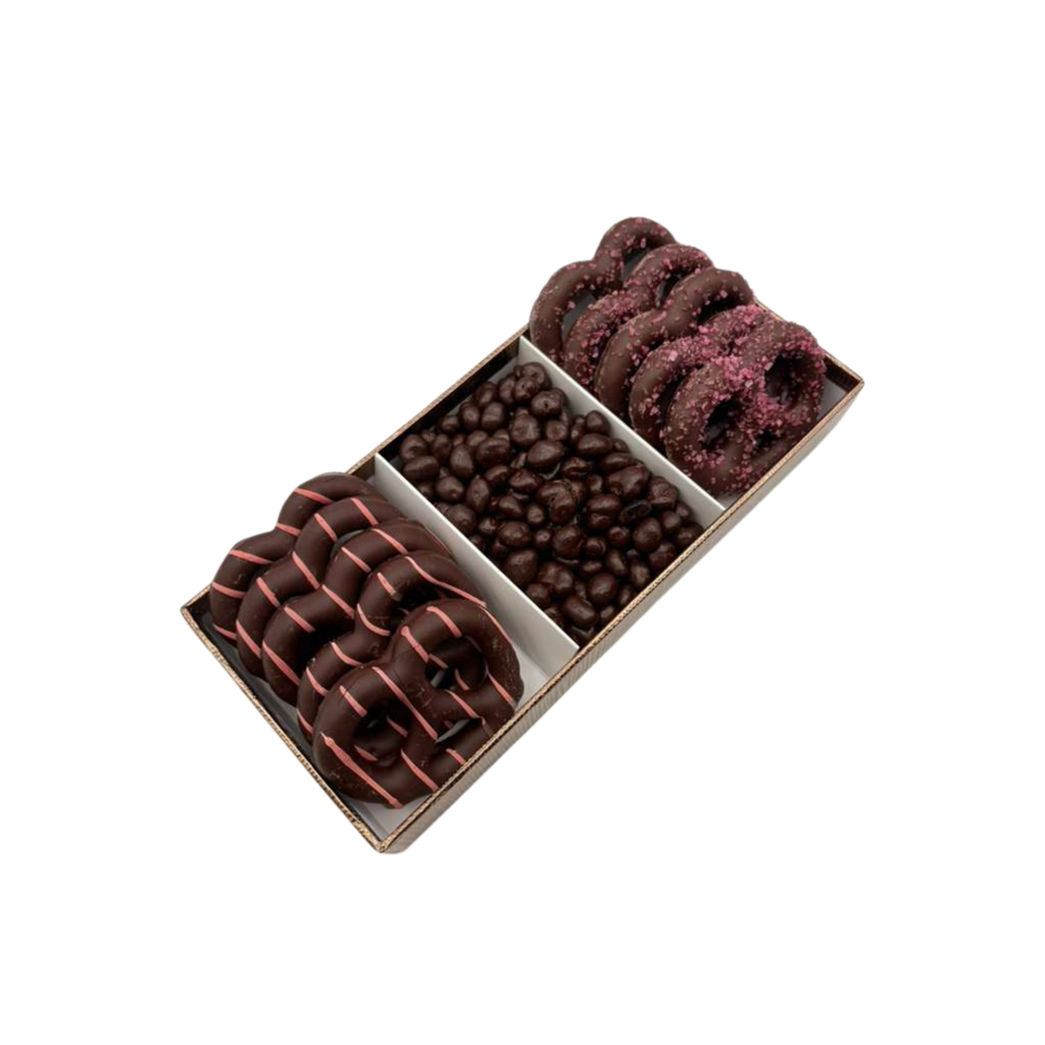 Chocolate Covered Pretzels With Chocolate In 3 Section Tray – Pink