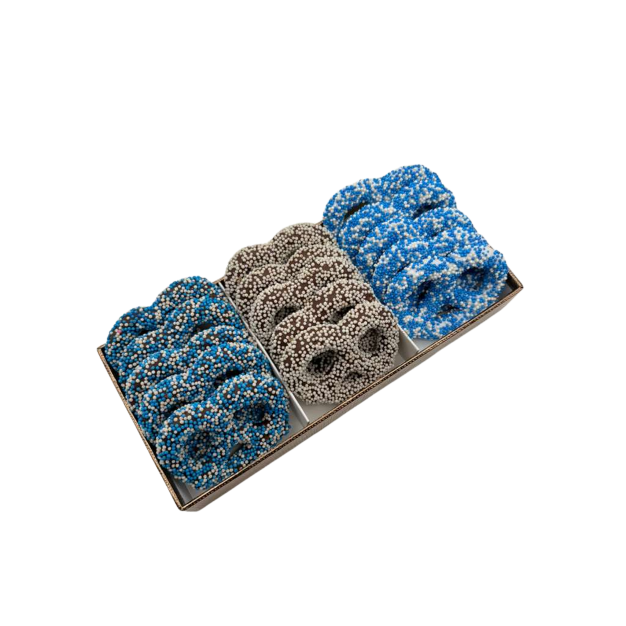 Chocolate Covered Pretzels With Chocolate In 3 Section Tray – Blue