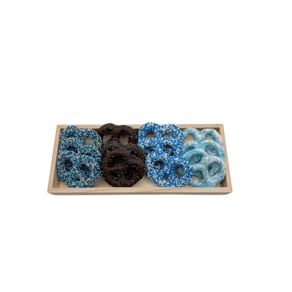 Chocolate Covered Pretzels On Wood Tray - Blue