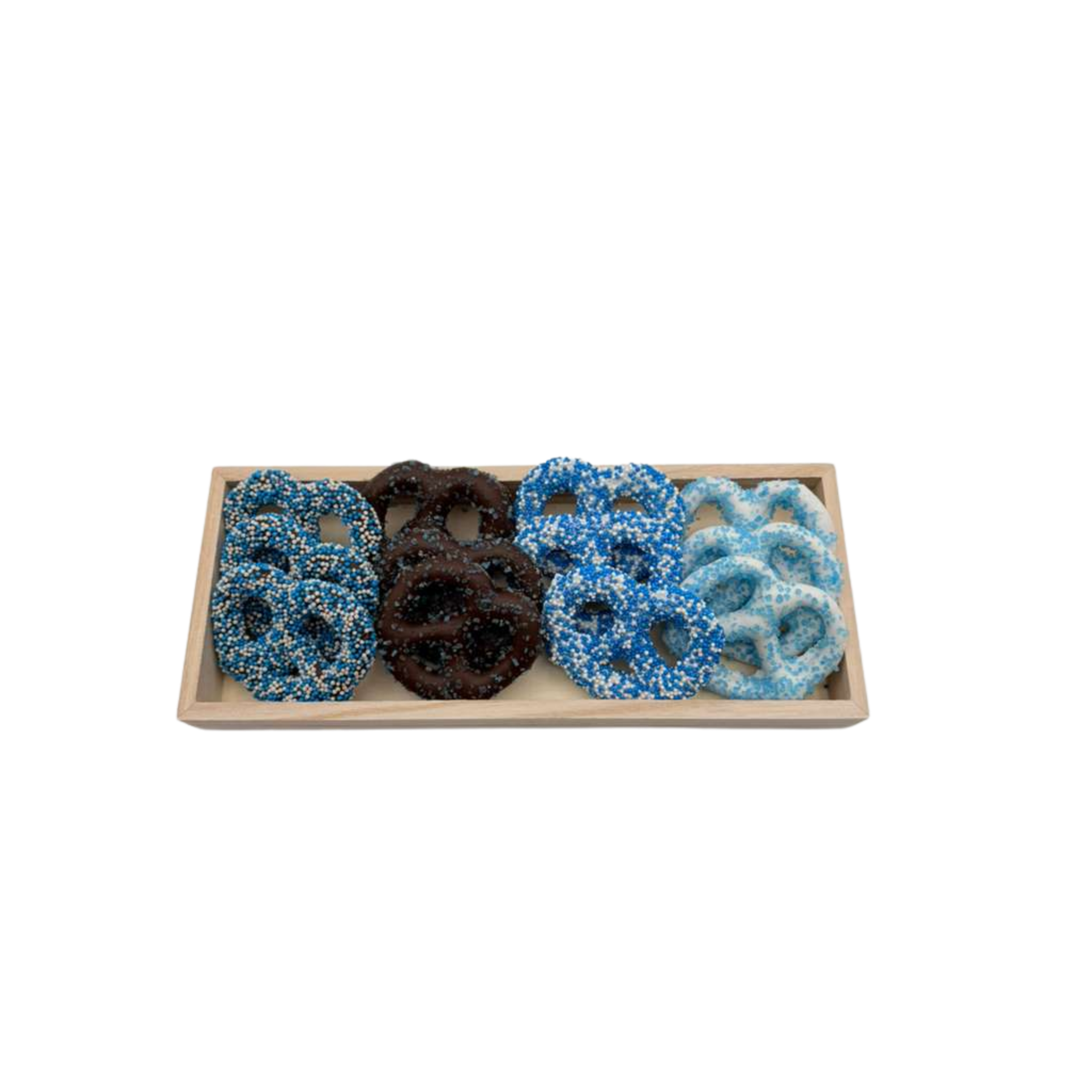 Chocolate Covered Pretzels On Wood Tray - Blue