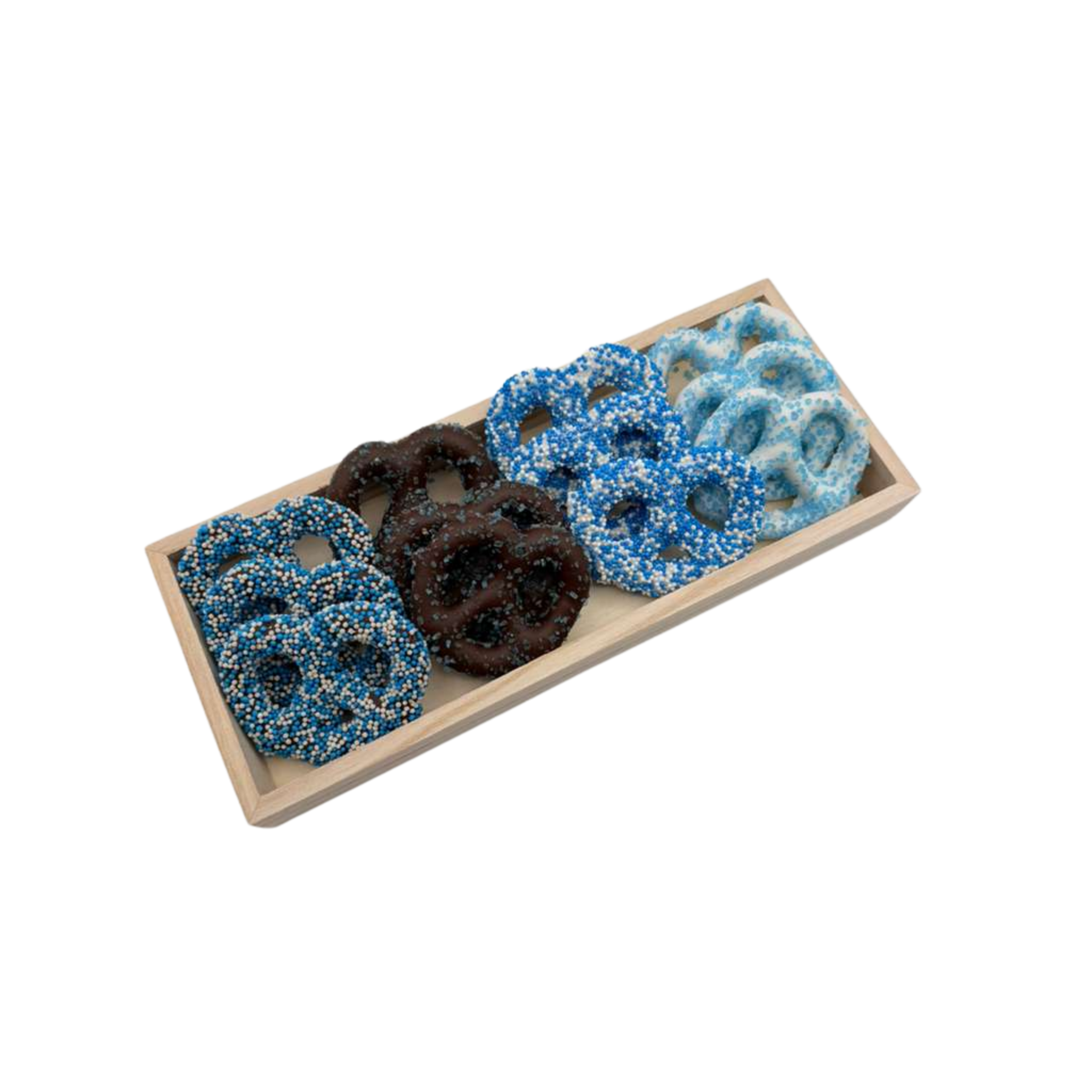 Chocolate Covered Pretzels On Wood Tray - Blue
