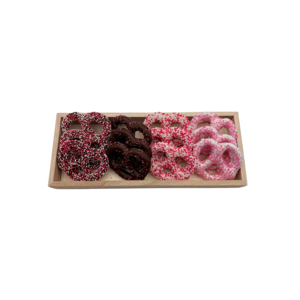 Chocolate Covered Pretzels On Wood Tray – Pink