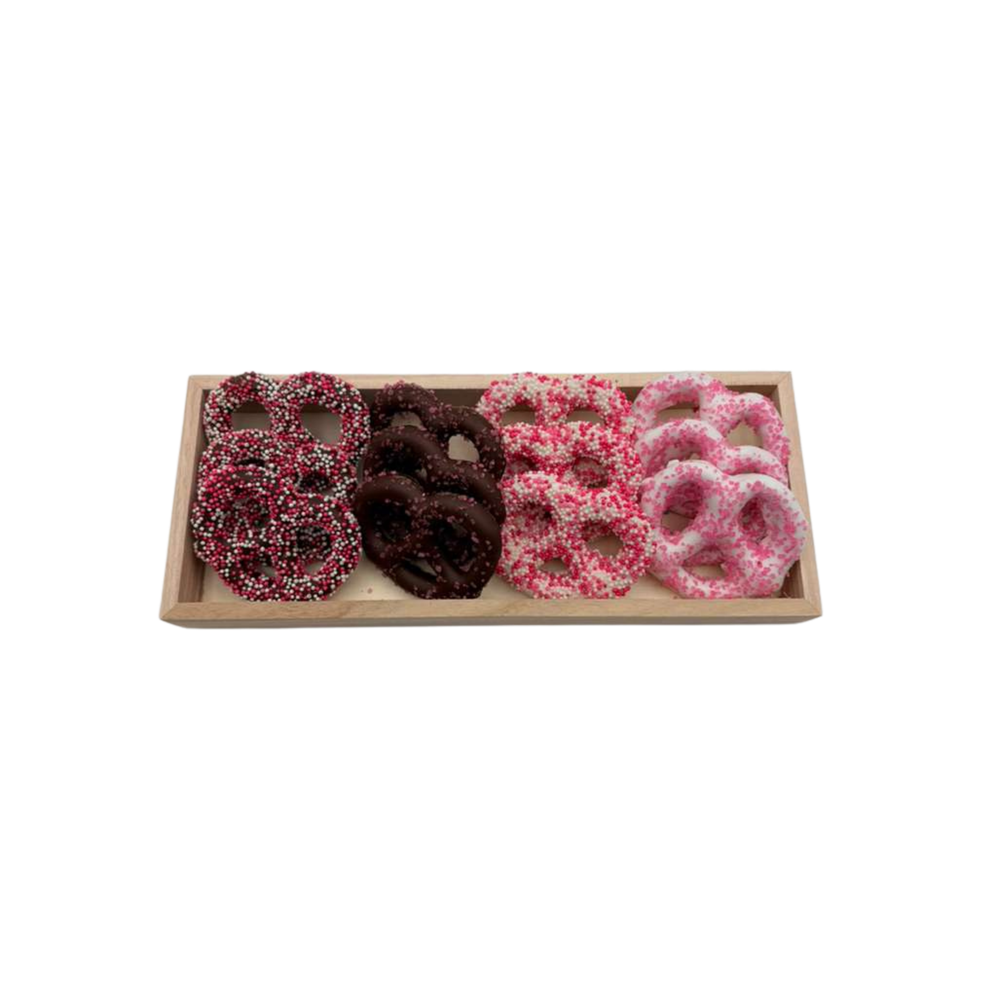 Chocolate Covered Pretzels On Wood Tray – Pink