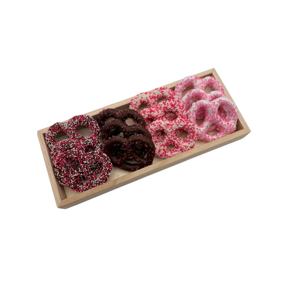 Chocolate Covered Pretzels On Wood Tray – Pink