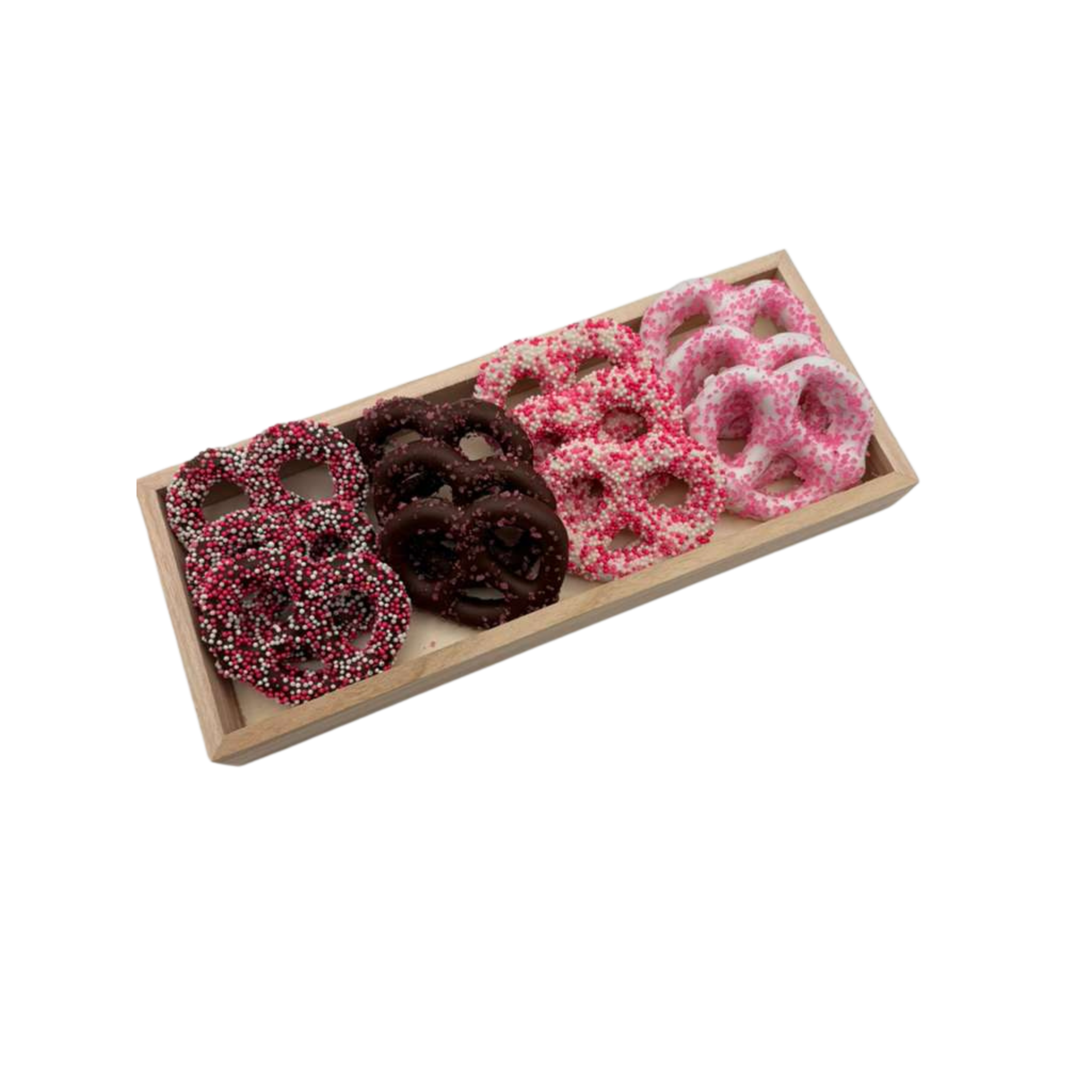 Chocolate Covered Pretzels On Wood Tray – Pink