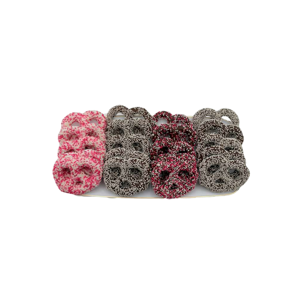 Chocolate Covered Pretzels On Elegant Tray – Pink