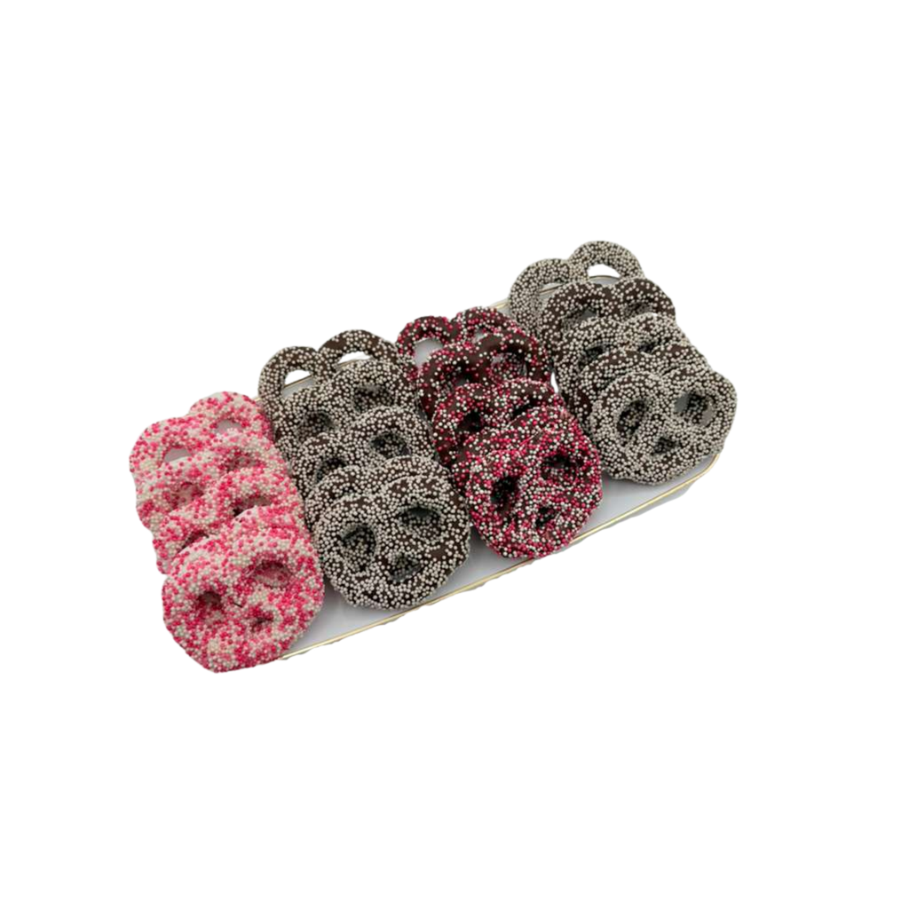 Chocolate Covered Pretzels On Elegant Tray – Pink