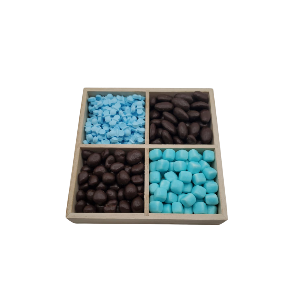 Chocolate With Candy In 4 Section Wood Tray – Blue
