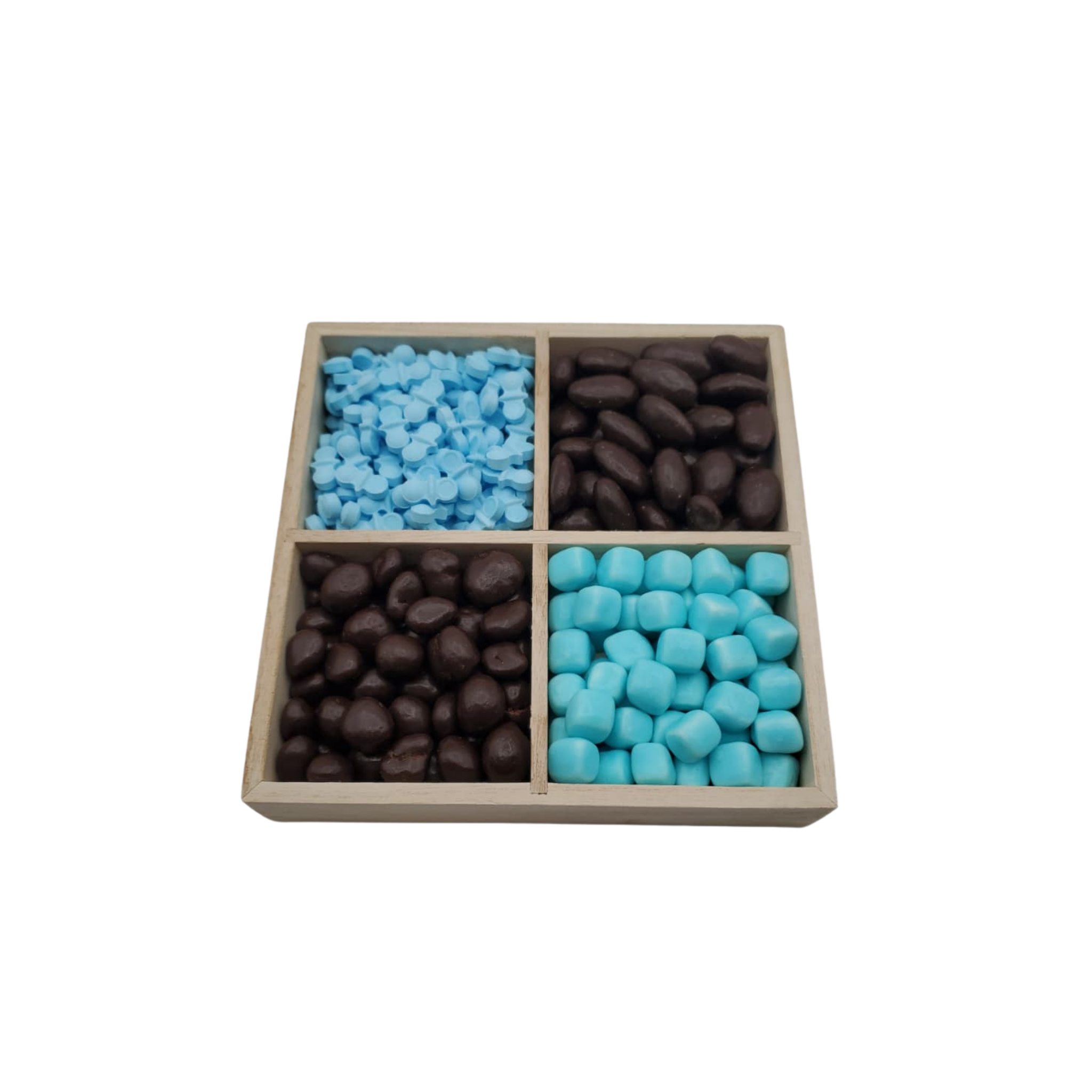 Chocolate With Candy In 4 Section Wood Tray – Blue