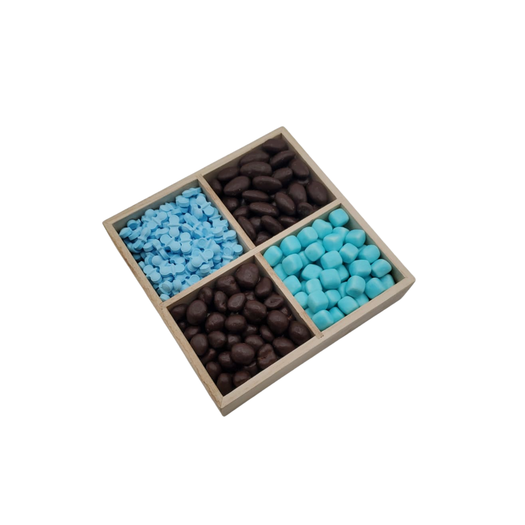 Chocolate With Candy In 4 Section Wood Tray – Blue