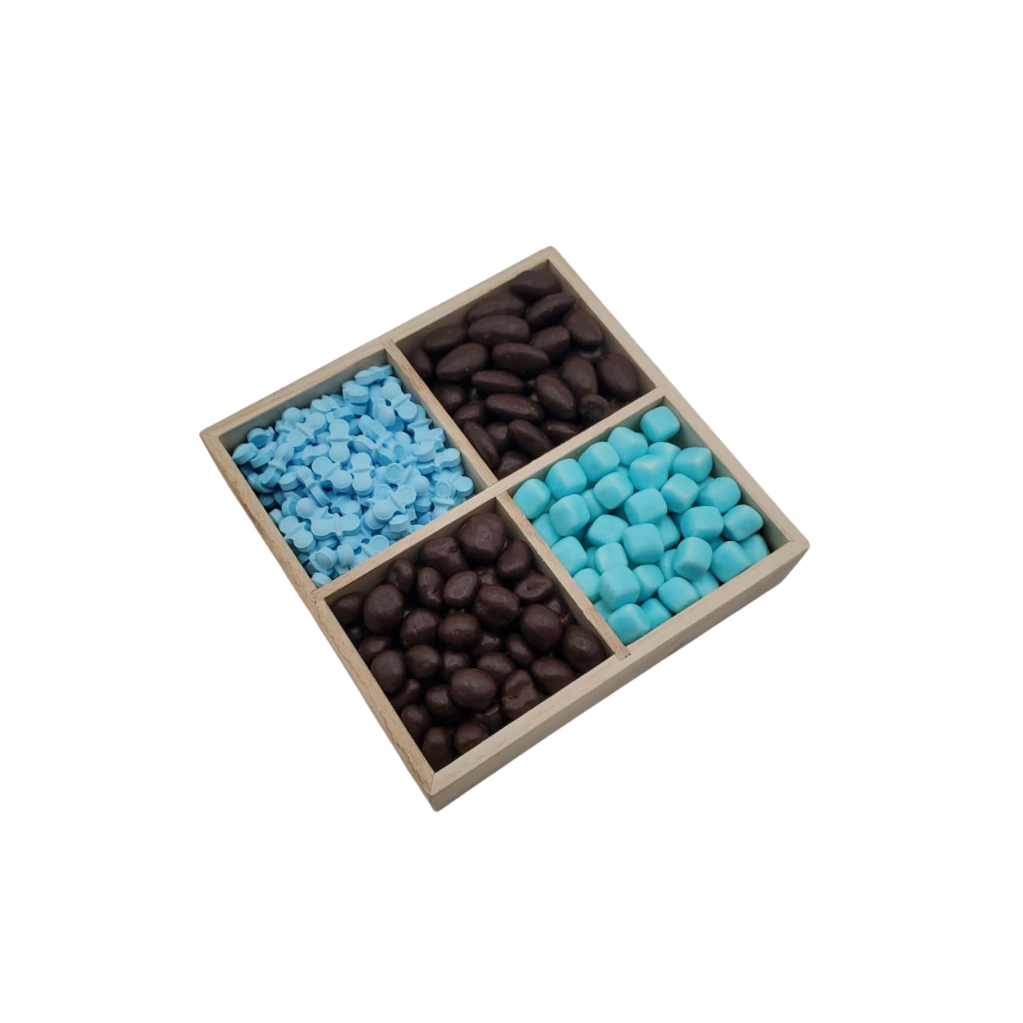 Chocolate With Candy In 4 Section Wood Tray – Blue