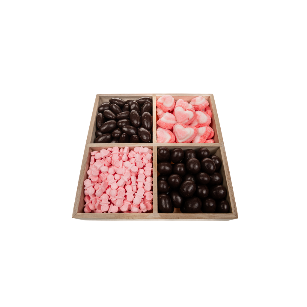 Chocolate With Candy In 4 Section Wood Tray – Pink