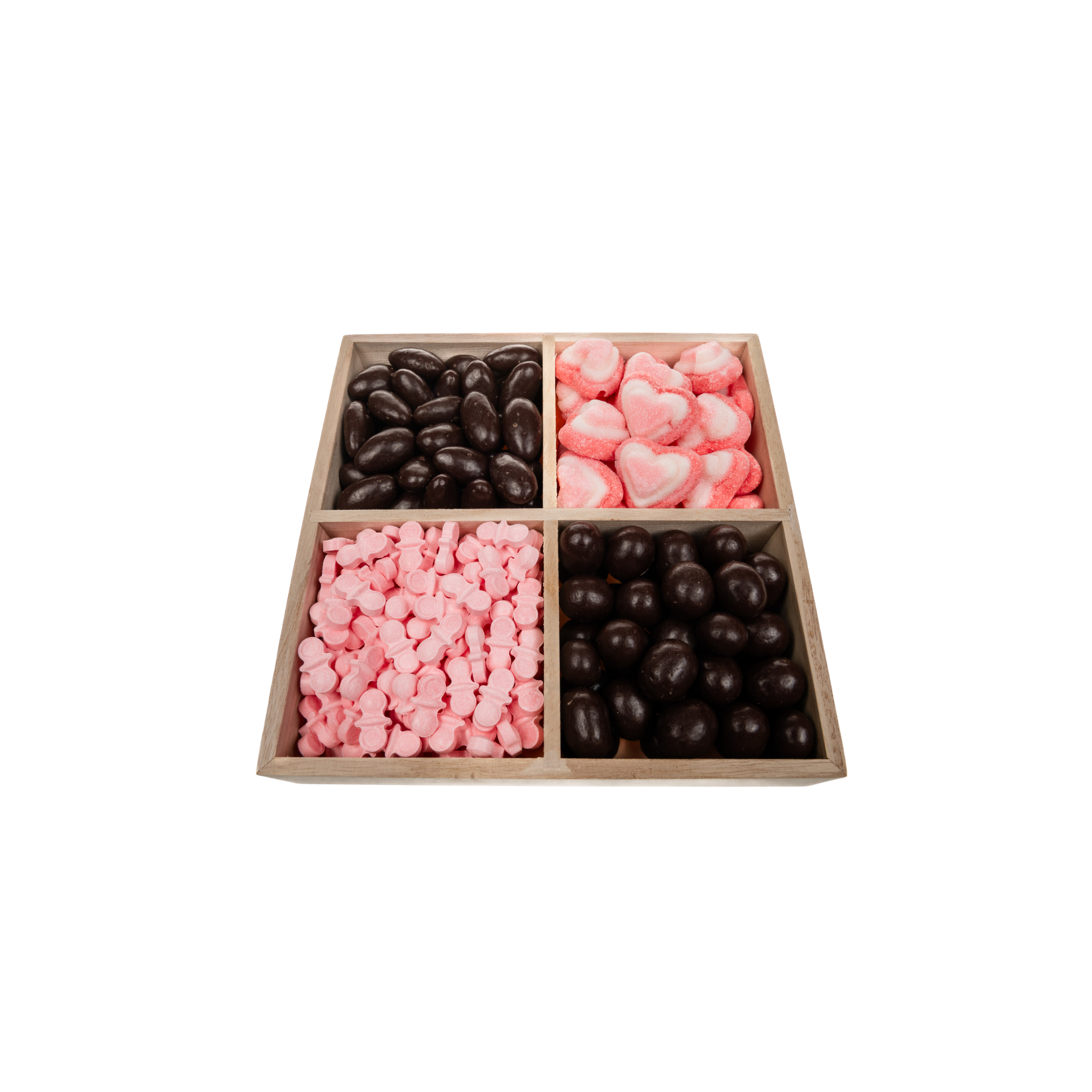Chocolate With Candy In 4 Section Wood Tray – Pink