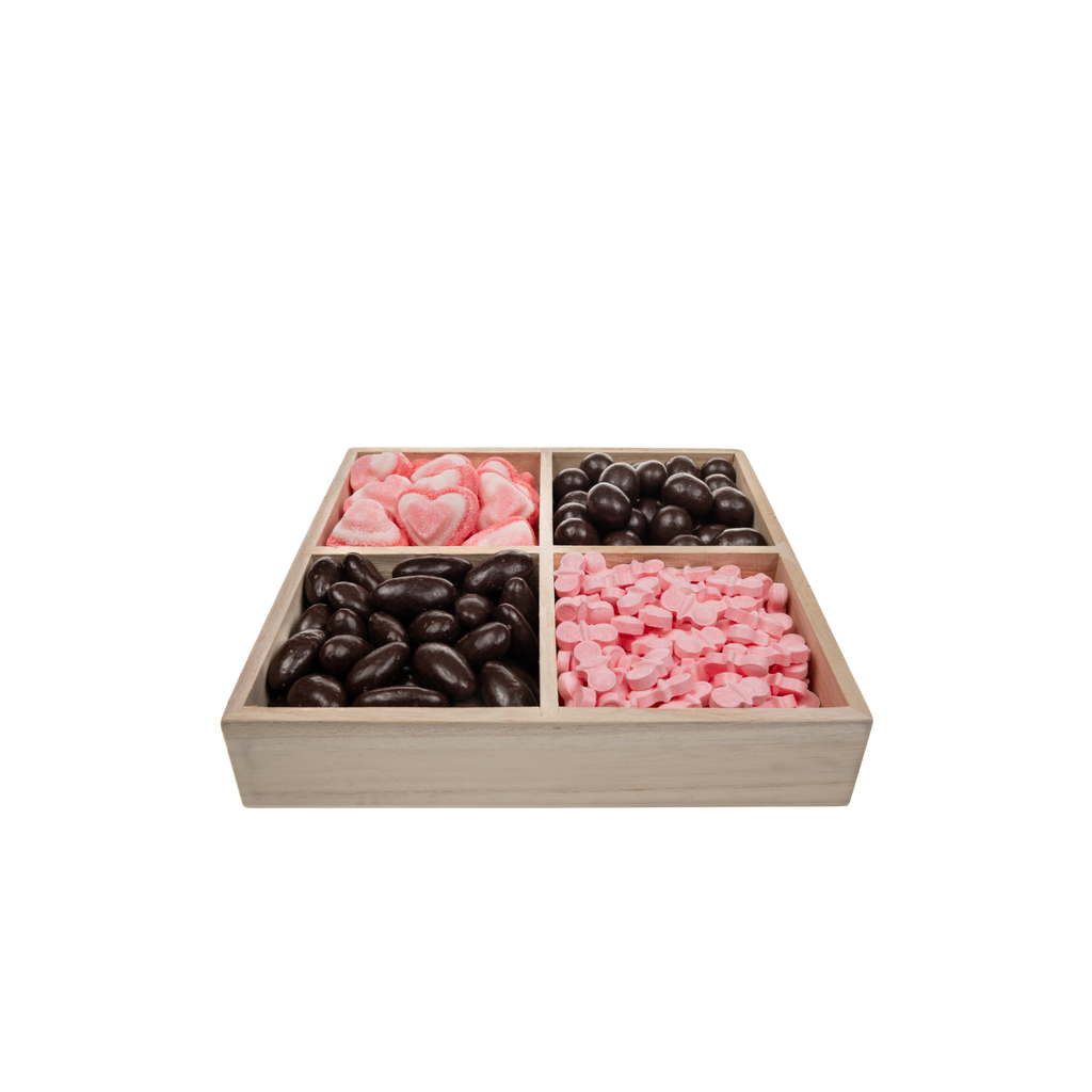 Chocolate With Candy In 4 Section Wood Tray – Pink