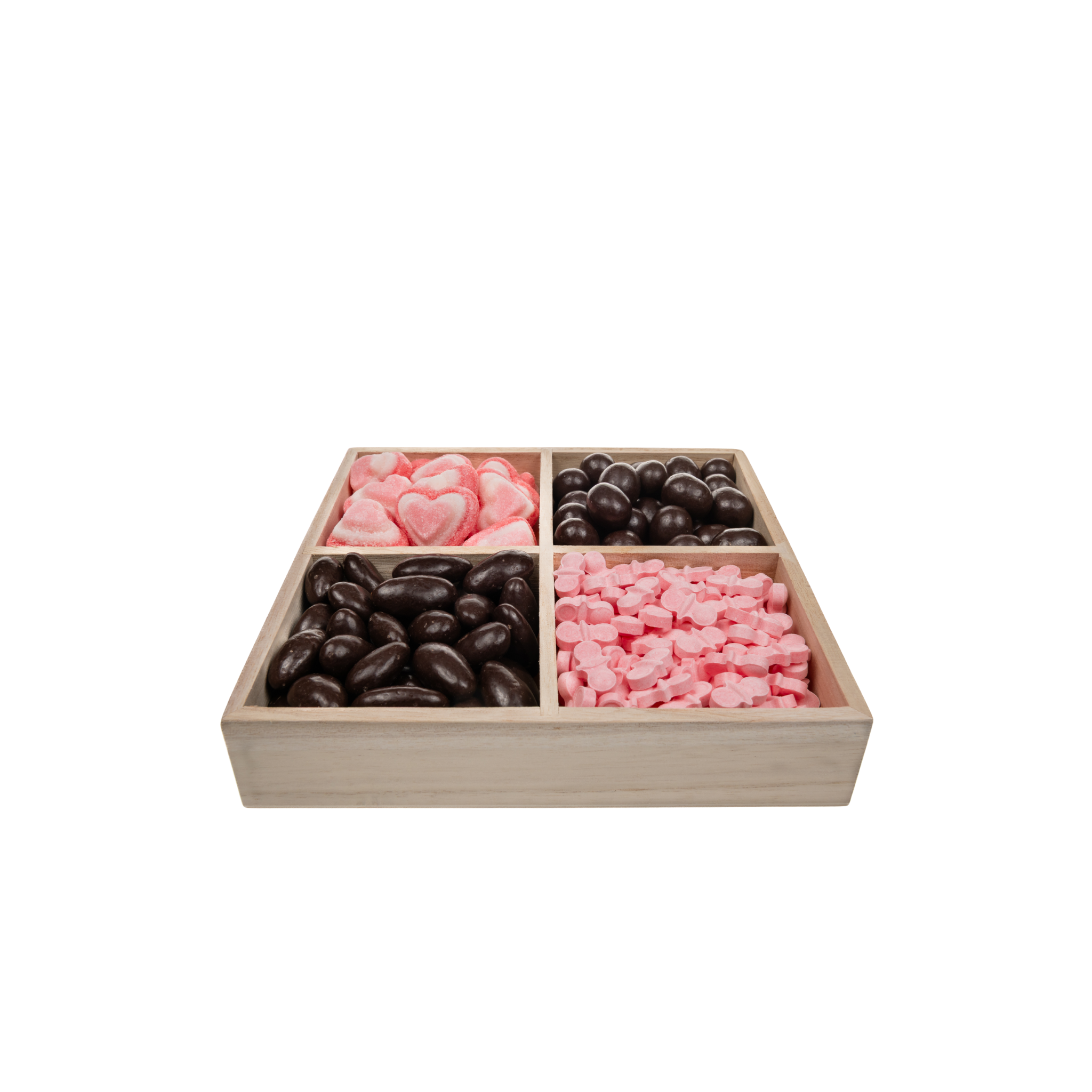 Chocolate With Candy In 4 Section Wood Tray – Pink