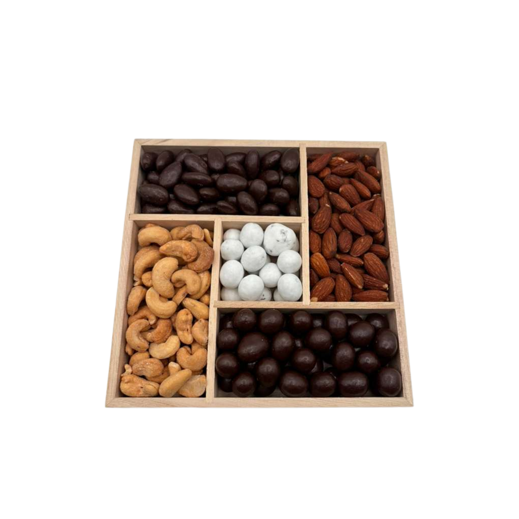 Assorted Chocolate With Nuts In 5-Section Wood Tray - Standard