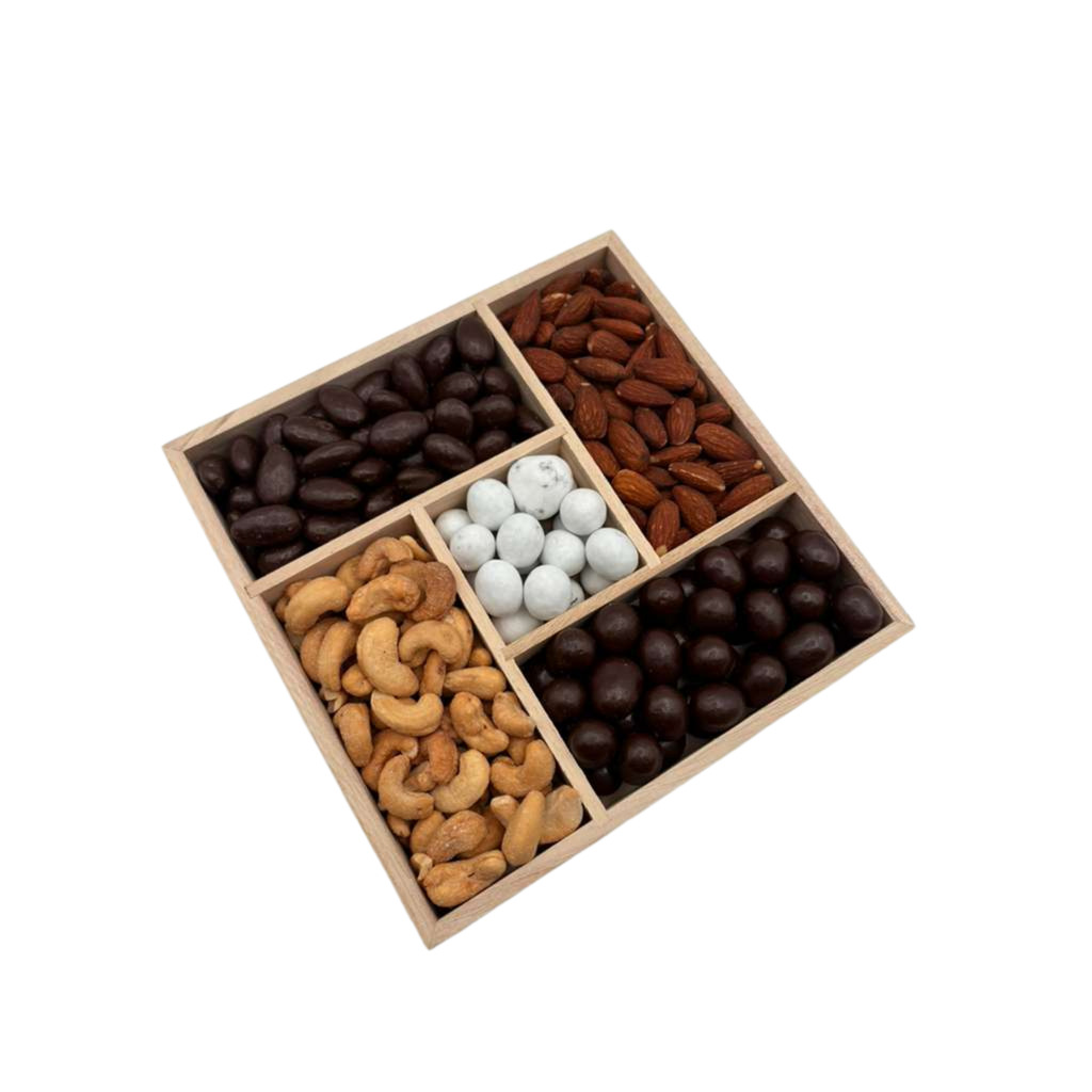 Assorted Chocolate With Nuts In 5-Section Wood Tray - Standard