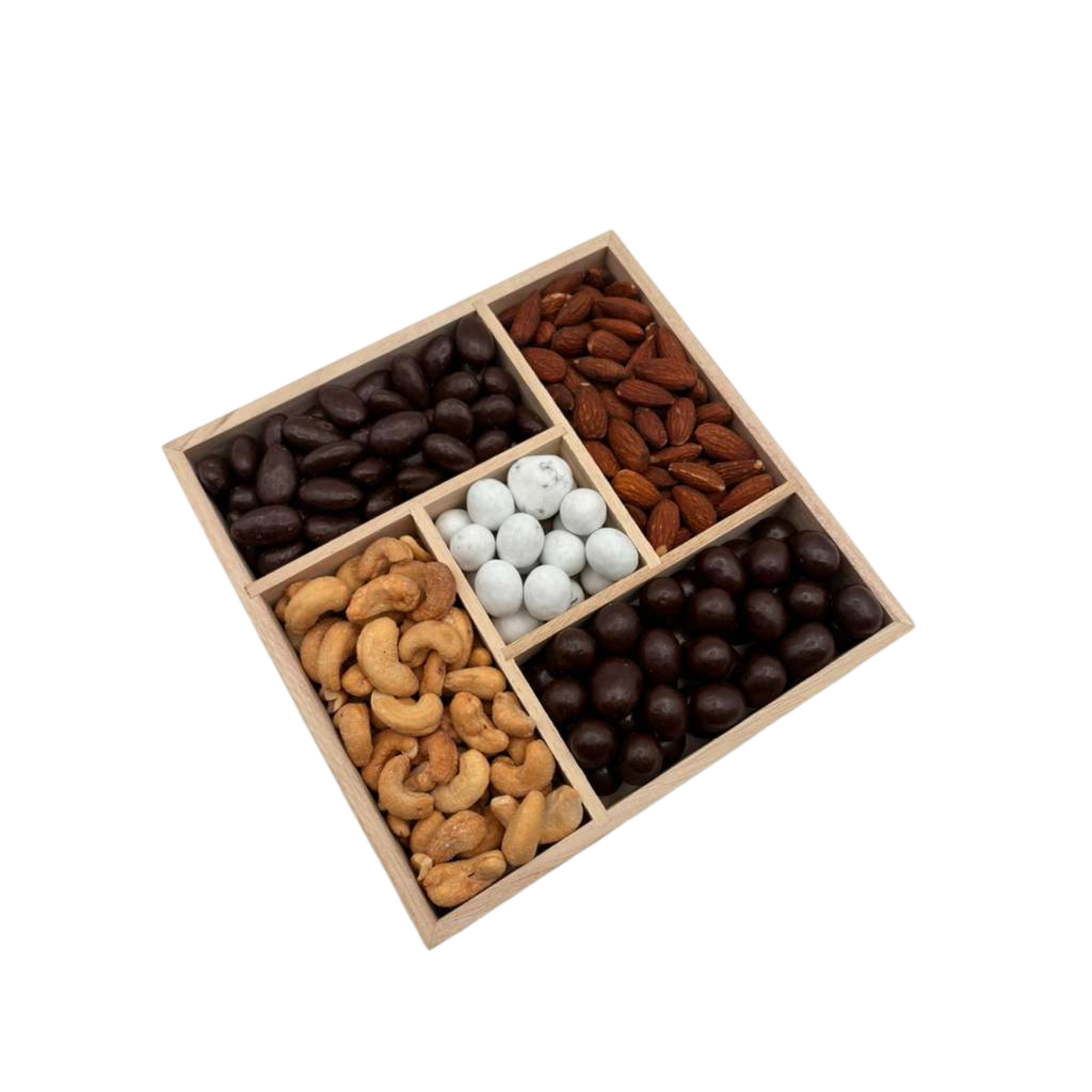 Assorted Chocolate With Nuts In 5-Section Wood Tray - Standard