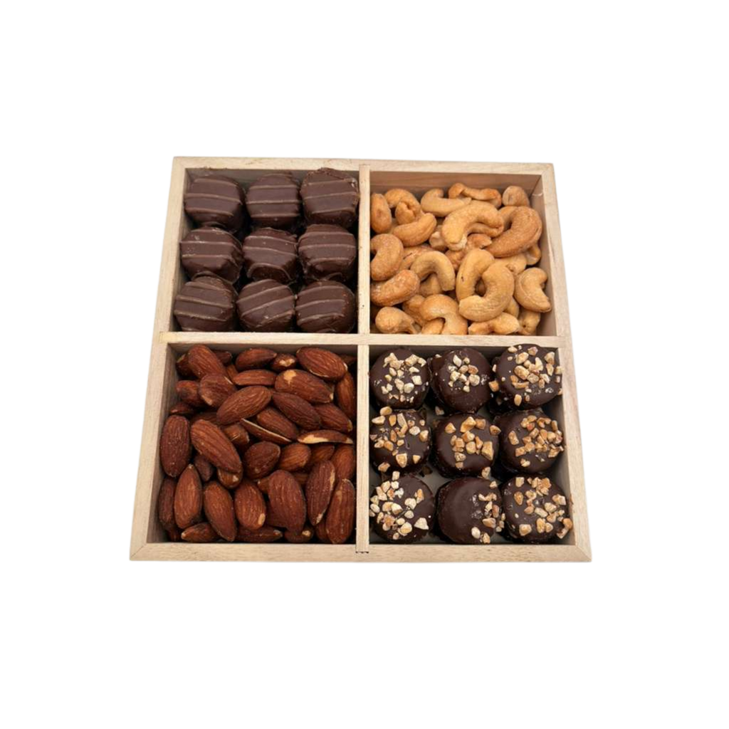 Assorted Chocolate With Nuts In 4-Section Wood Tray - Standard