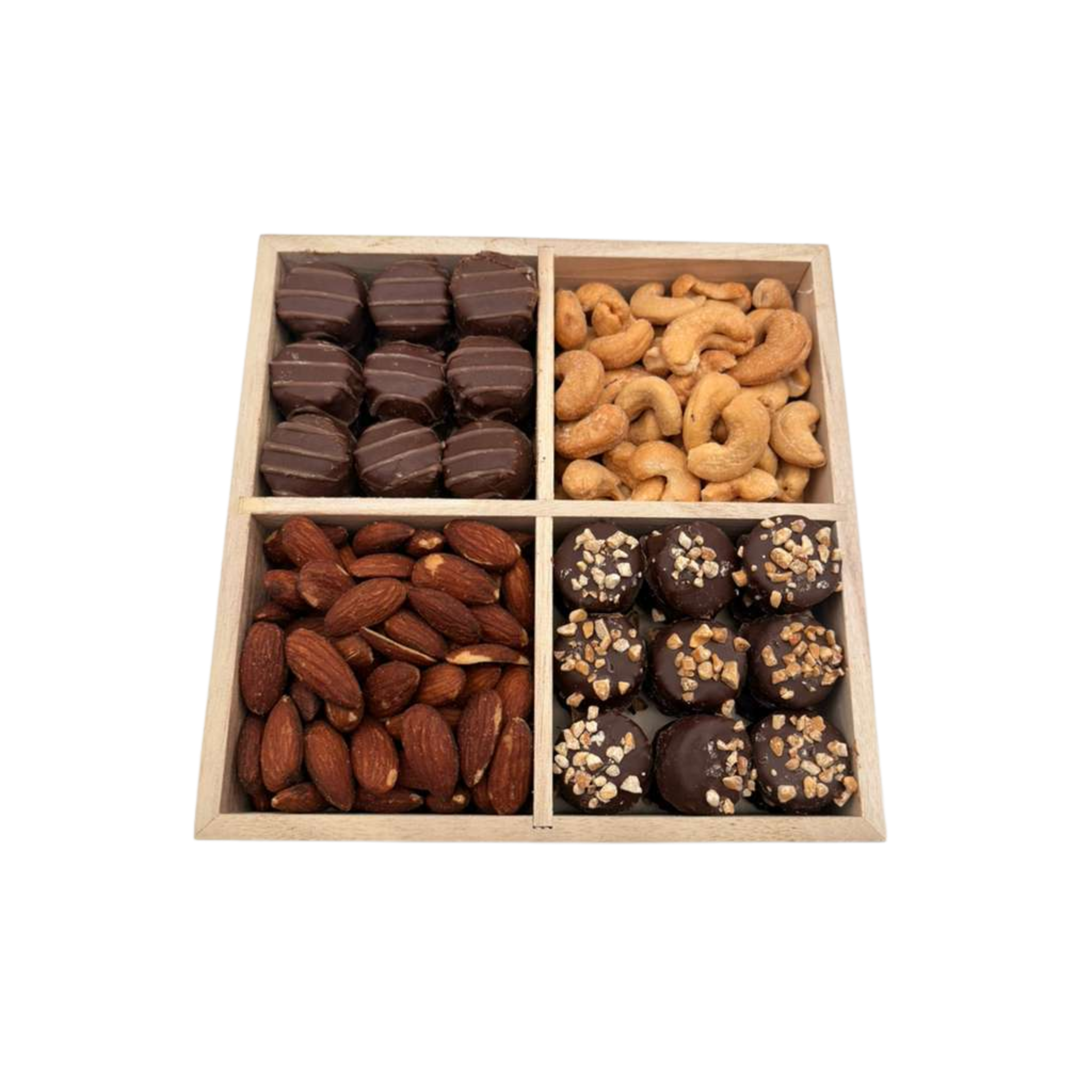 Assorted Chocolate With Nuts In 4-Section Wood Tray - Standard