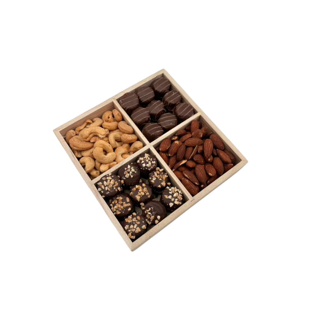 Assorted Chocolate With Nuts In 4-Section Wood Tray - Standard