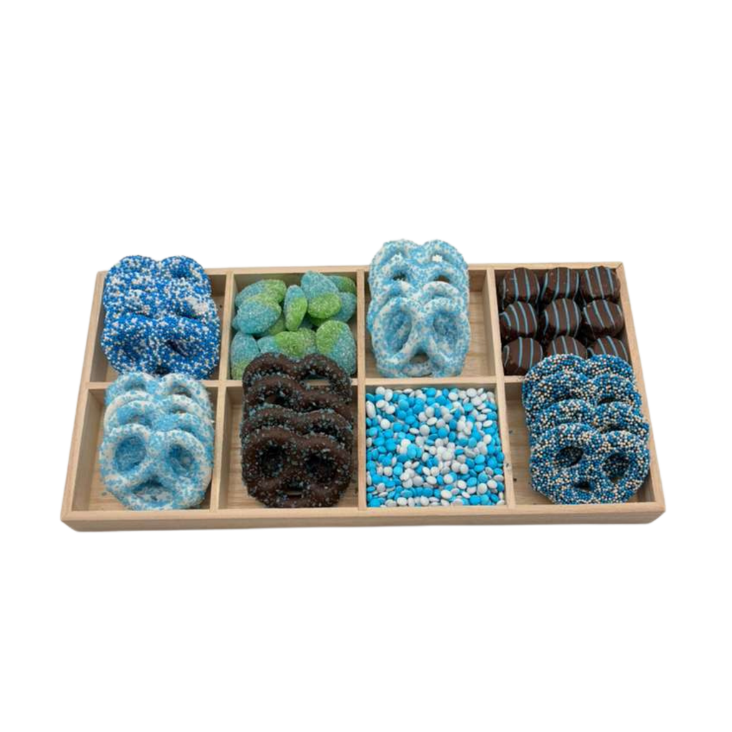 Assorted Chocolates, Candies, And Chocolate Covered Pretzels In 8-Section Wood Tray – Blue