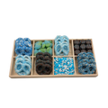 Assorted Chocolates, Candies, And Chocolate Covered Pretzels In 8-Section Wood Tray – Blue